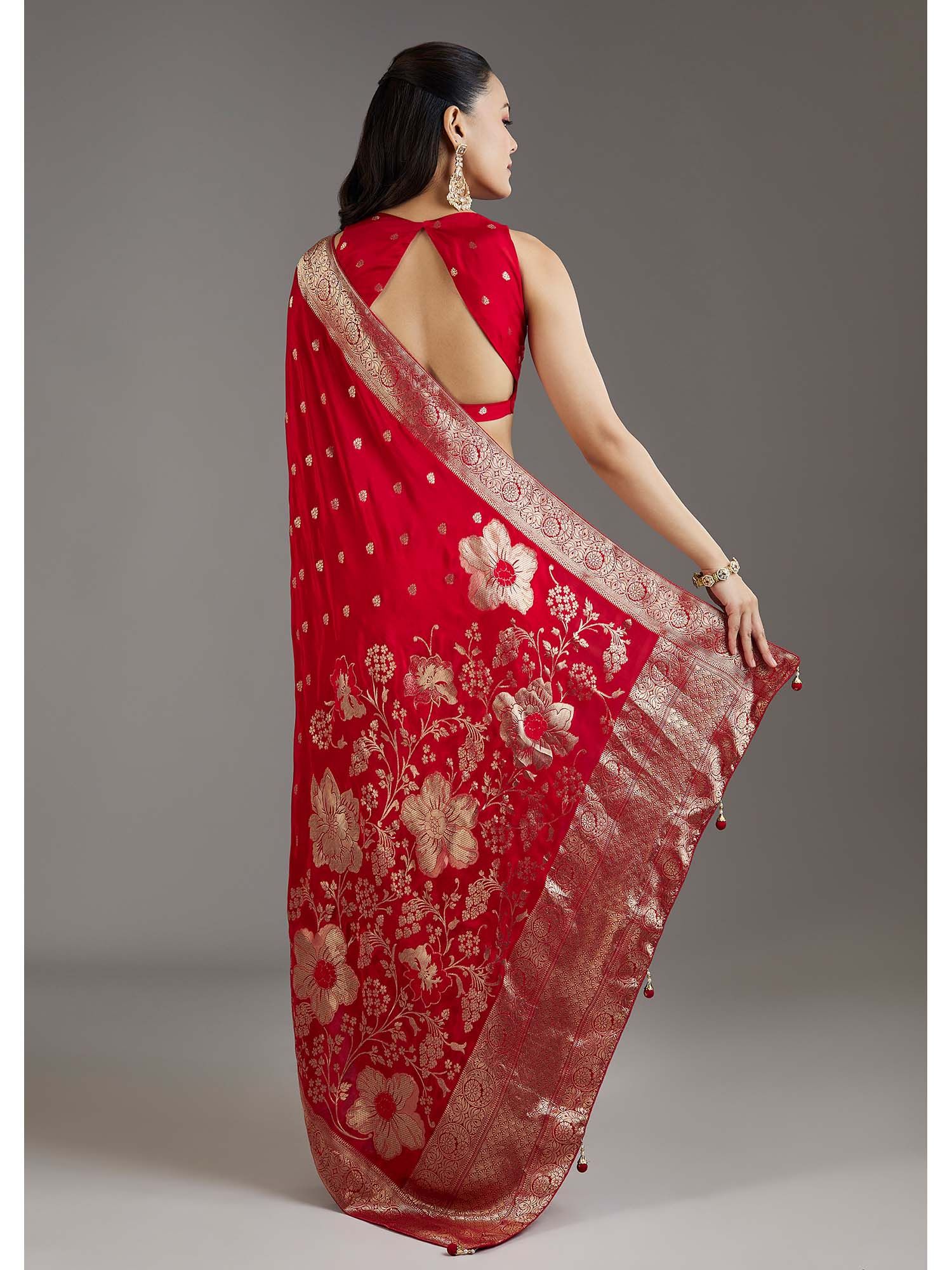 Red Dola Silk Floral Woven Saree with Unstitched Blouse