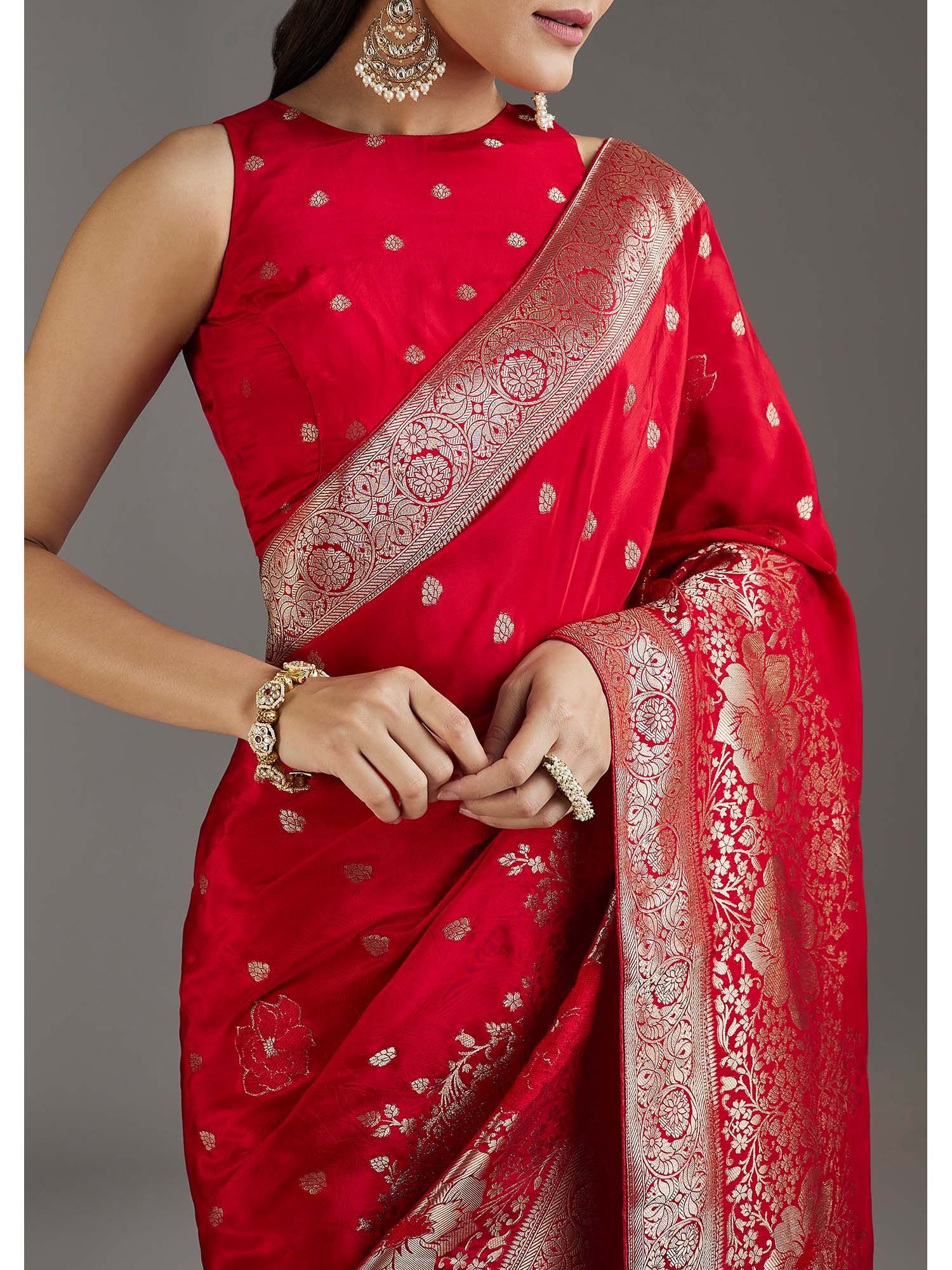 Red Dola Silk Floral Woven Saree with Unstitched Blouse