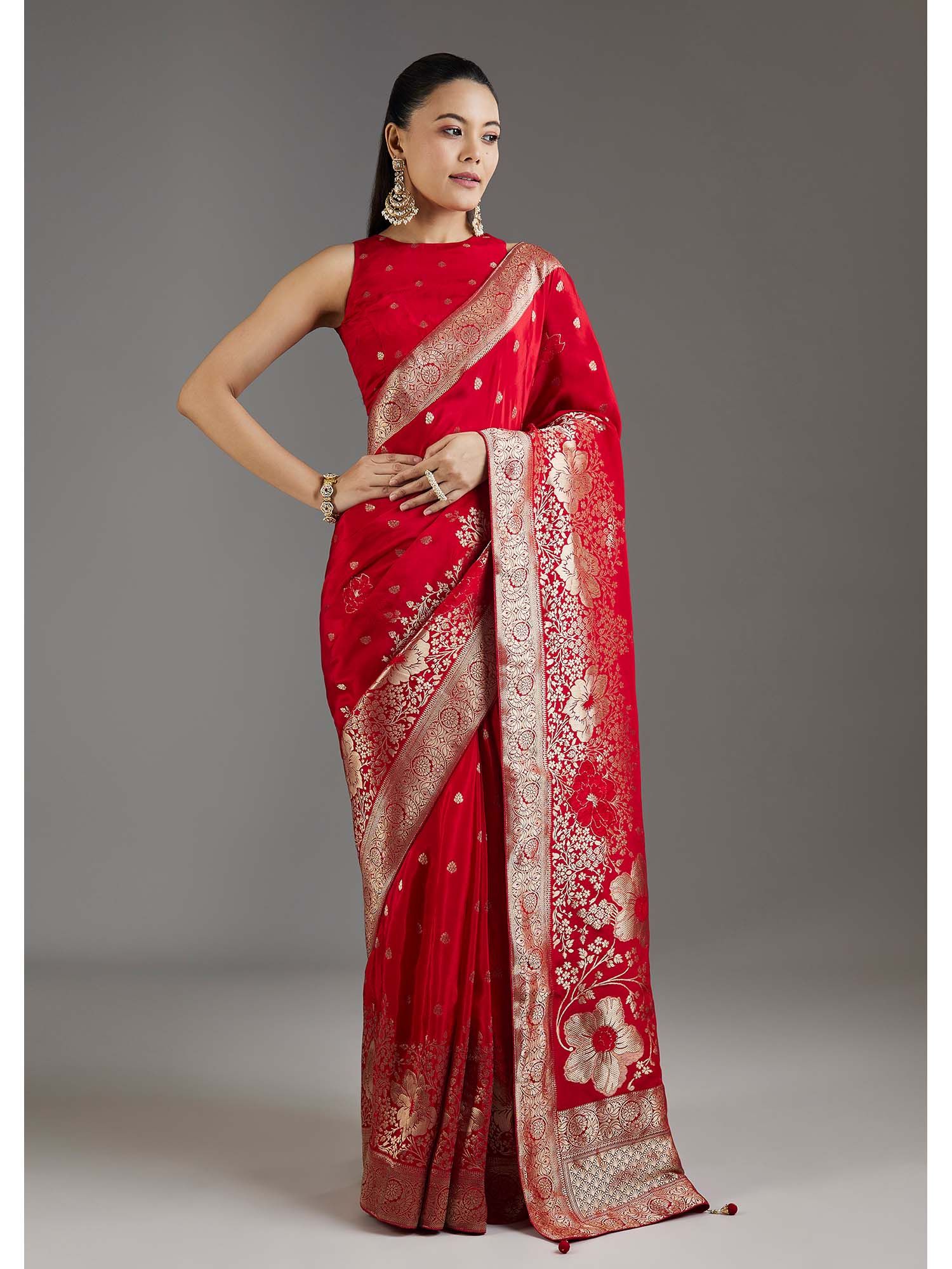 Red Dola Silk Floral Woven Saree with Unstitched Blouse