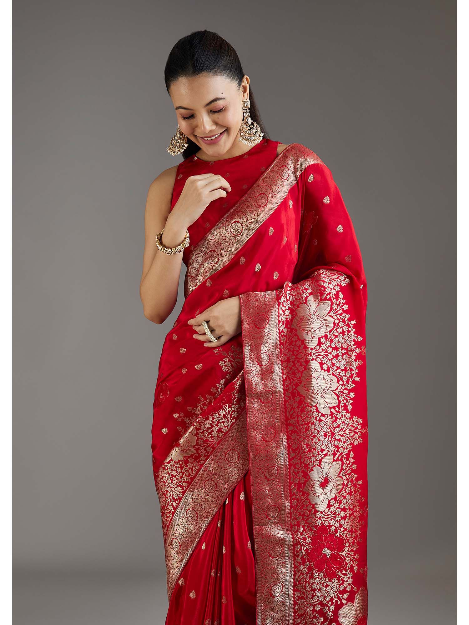 Red Dola Silk Floral Woven Saree with Unstitched Blouse