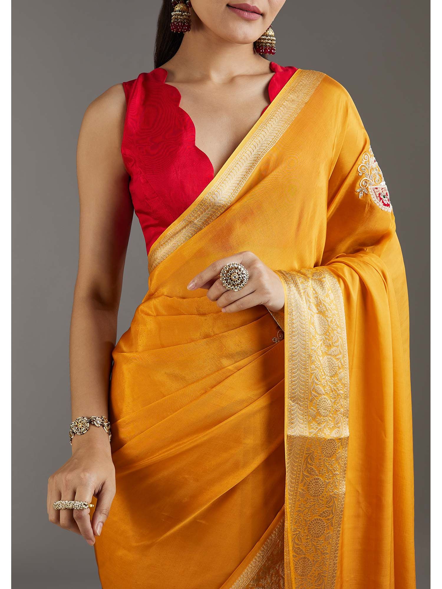 Yellow Woven Embroidered Crepe Saree with Unstitched Blouse