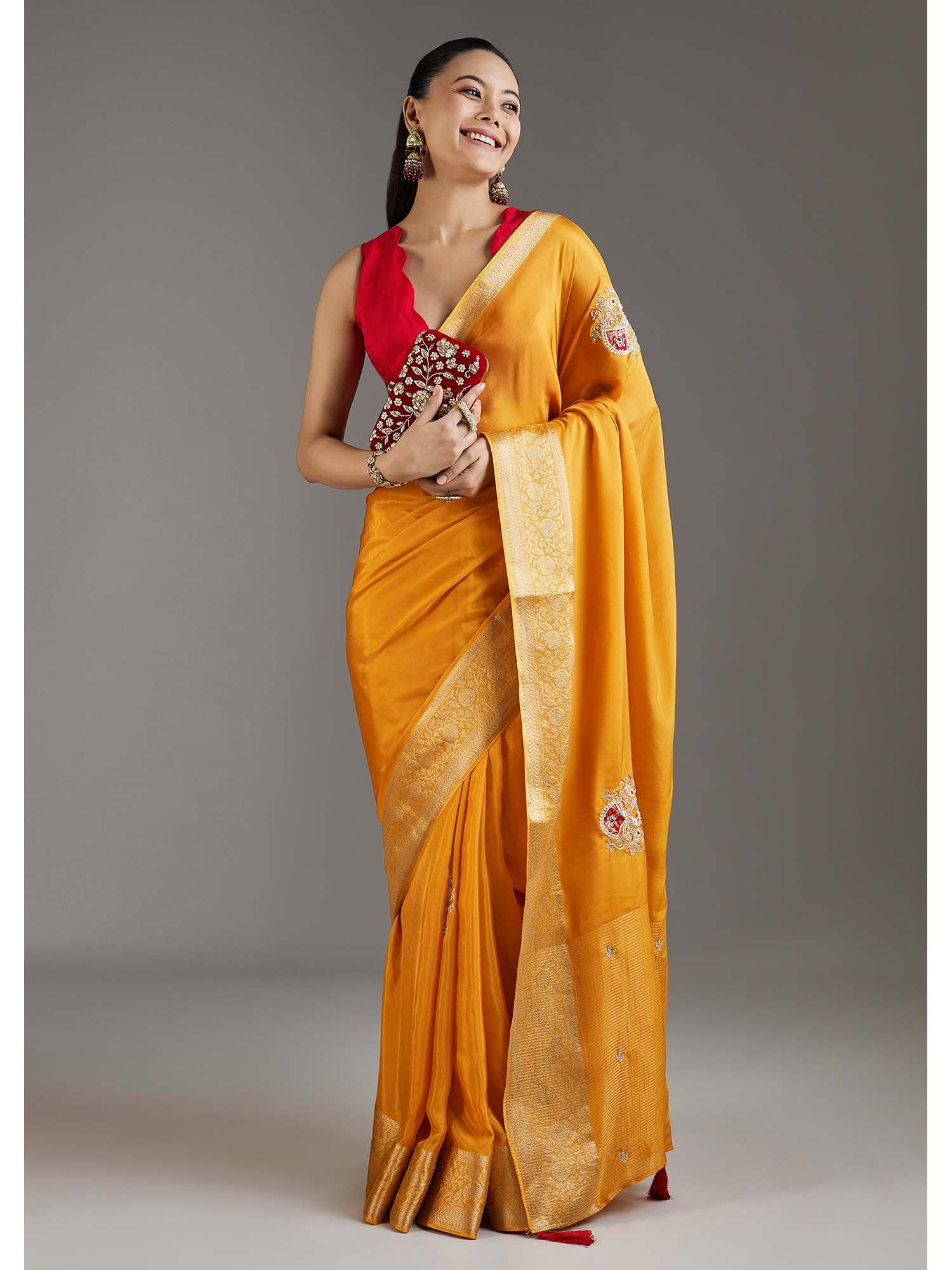 Yellow Woven Embroidered Crepe Saree with Unstitched Blouse