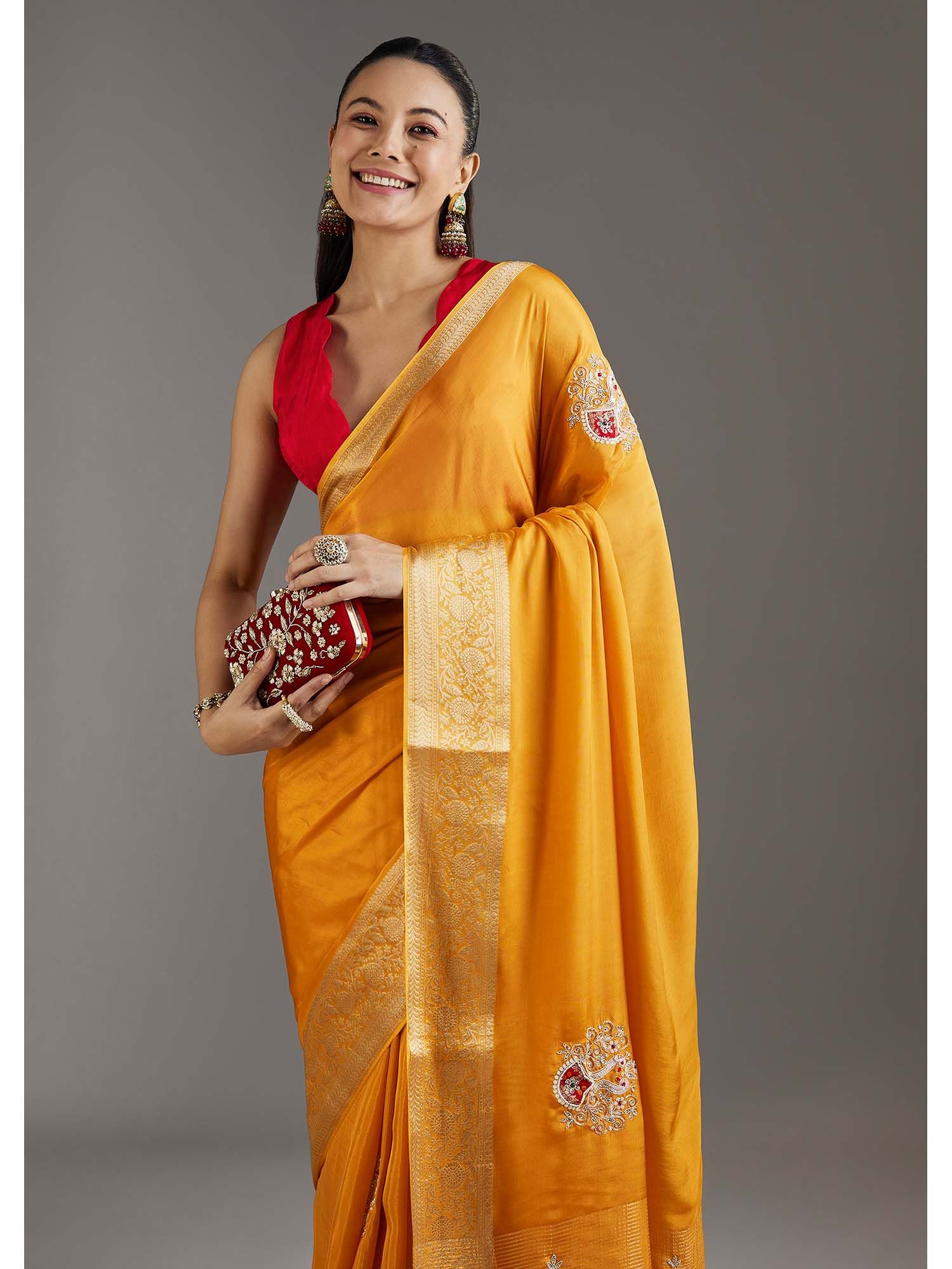 Yellow Woven Embroidered Crepe Saree with Unstitched Blouse
