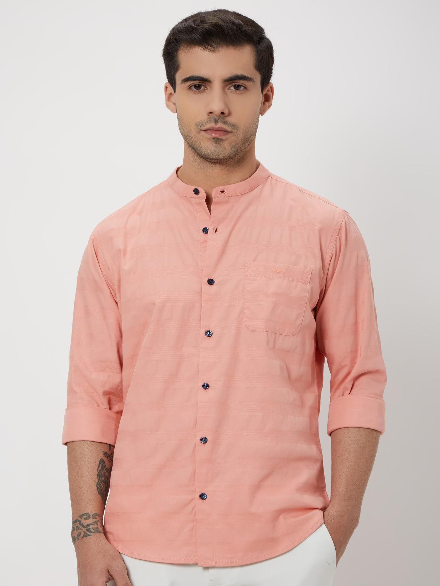 Soft Peach Pink Textured Men Shirt