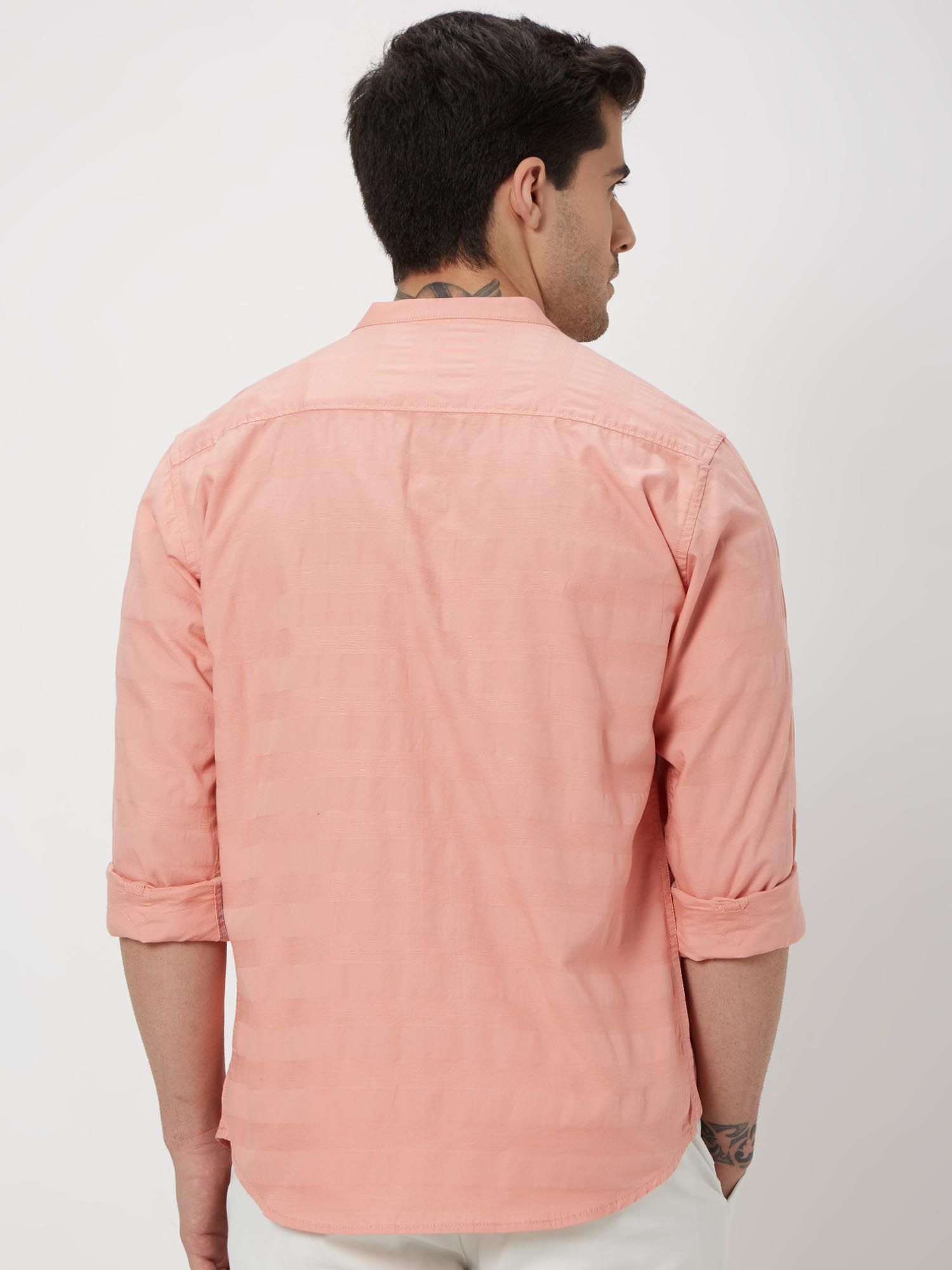 Soft Peach Pink Textured Men Shirt