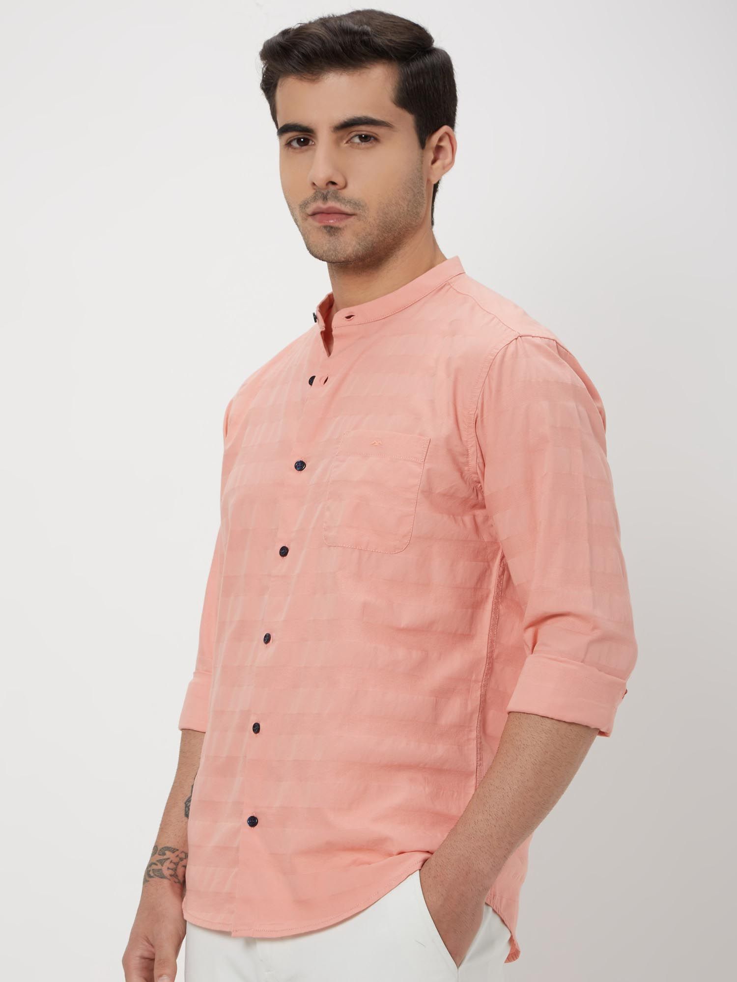 Soft Peach Pink Textured Men Shirt