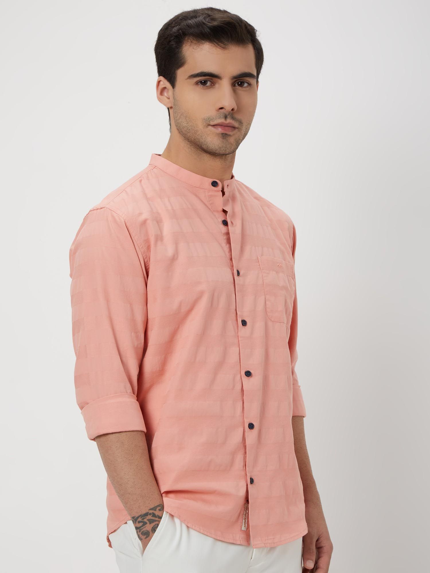 Soft Peach Pink Textured Men Shirt