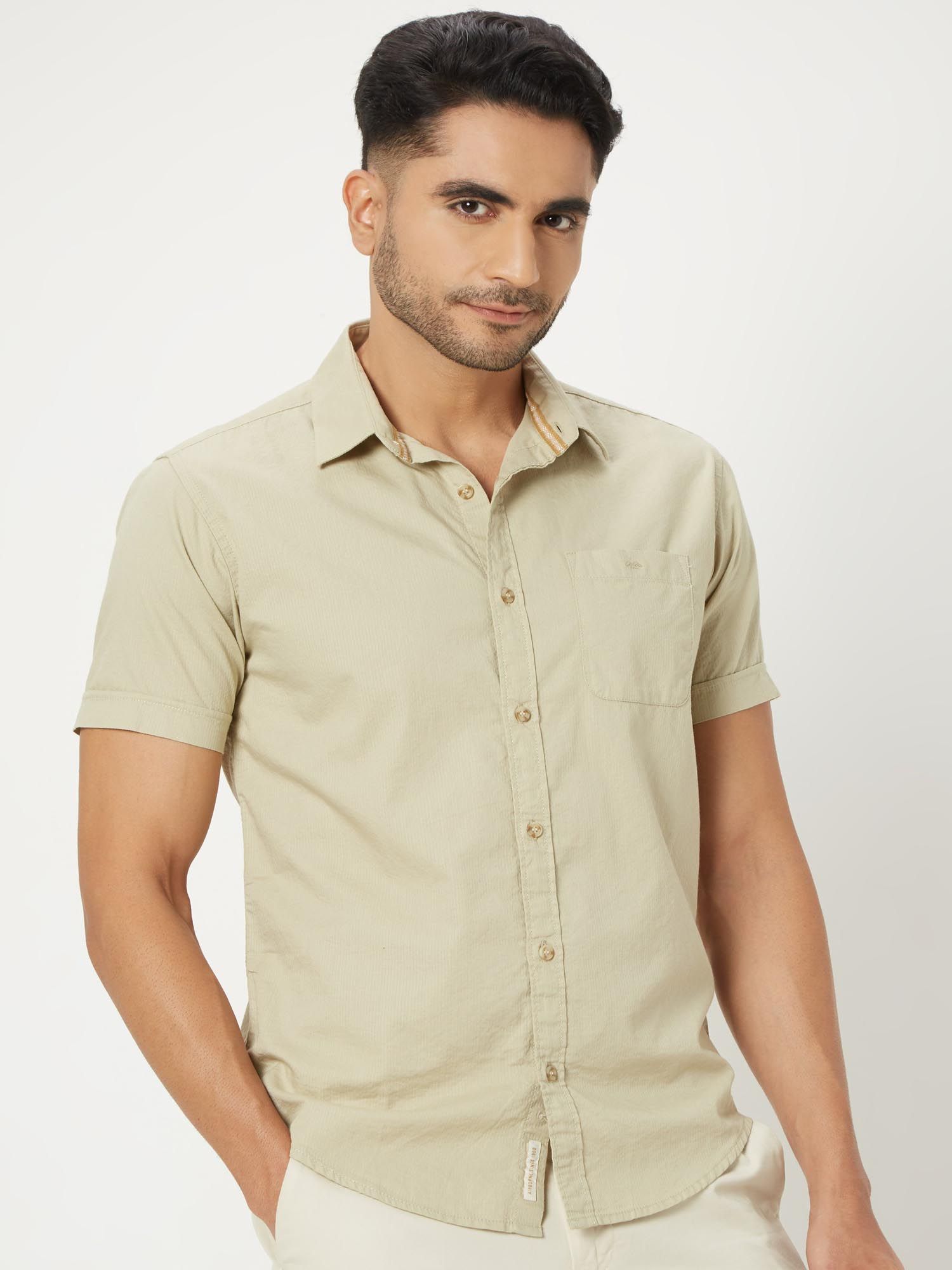 Light Khaki Solid Men Shirt