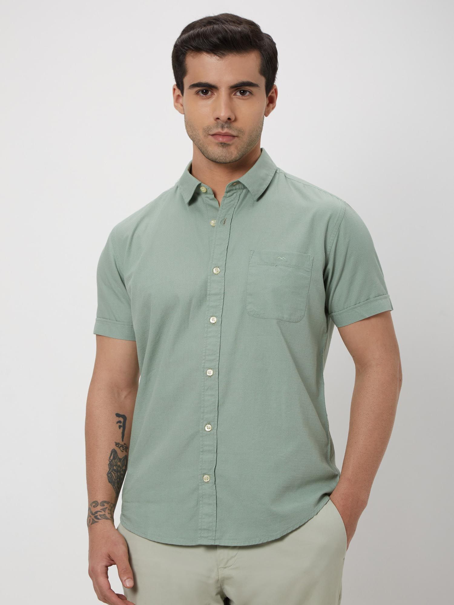 Muted Olive Green Solid Men Shirt