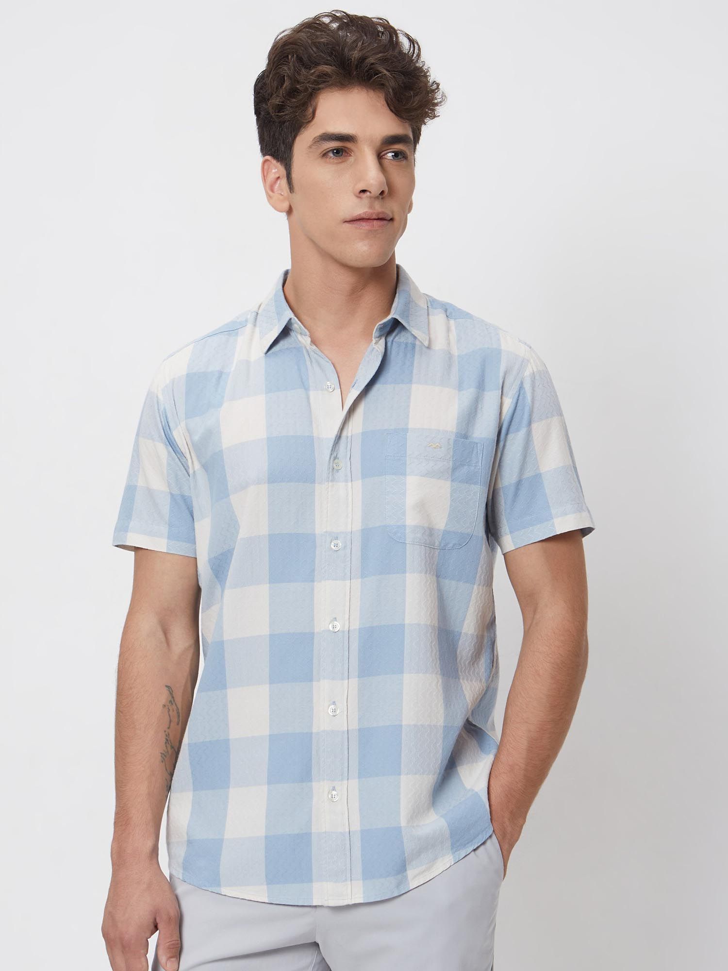 Light Powder Blue Checks Men Shirt