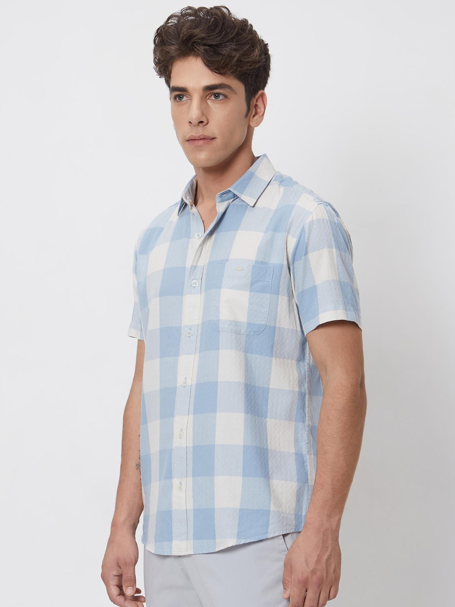 Light Powder Blue Checks Men Shirt