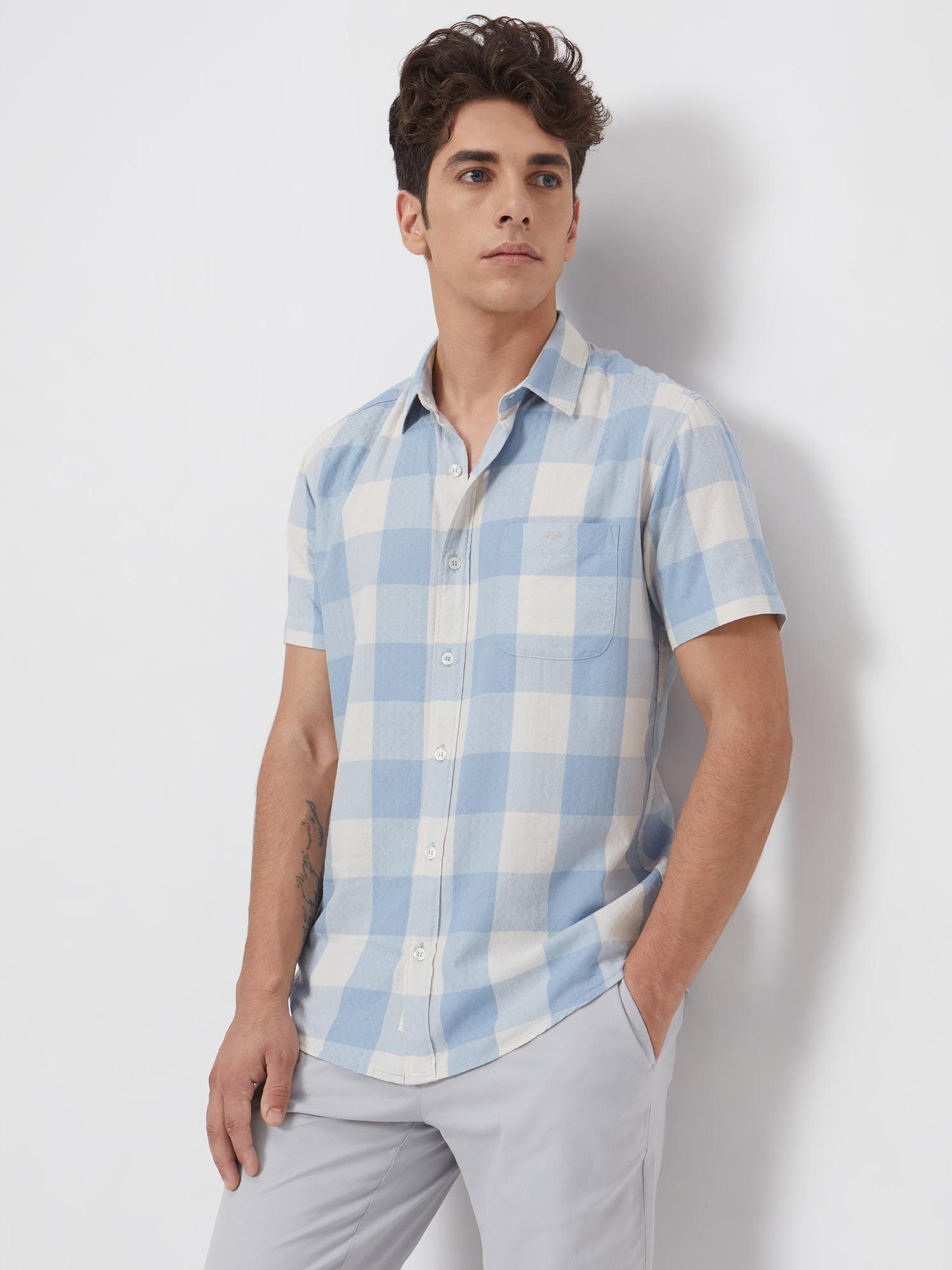 Light Powder Blue Checks Men Shirt