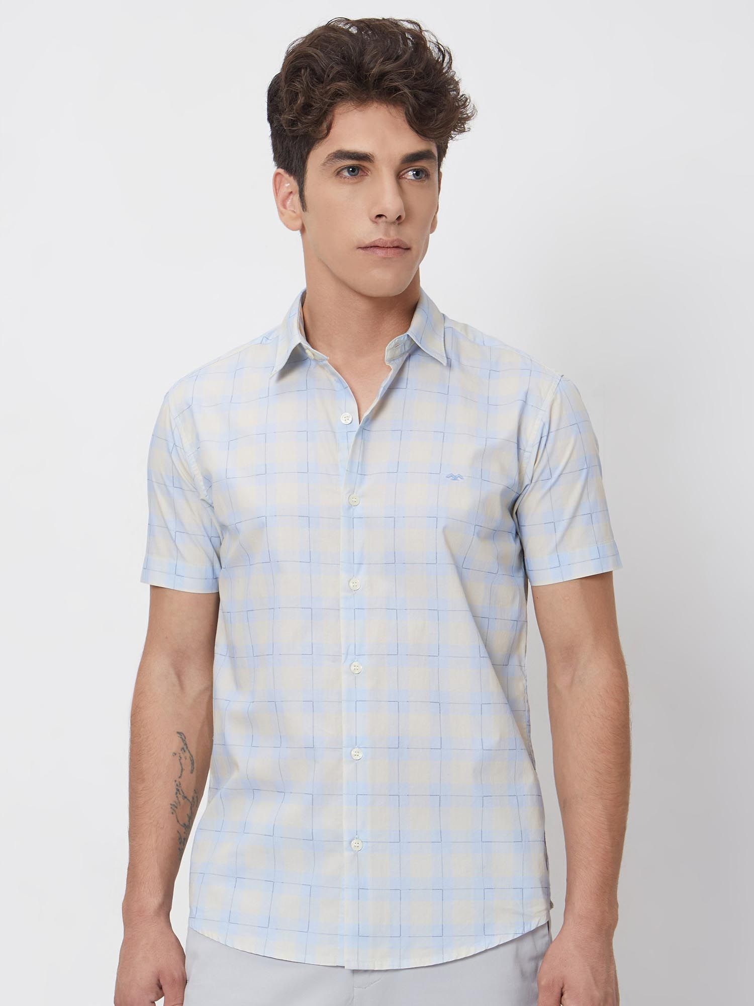 Pale Powder Blue Checks Men Shirt
