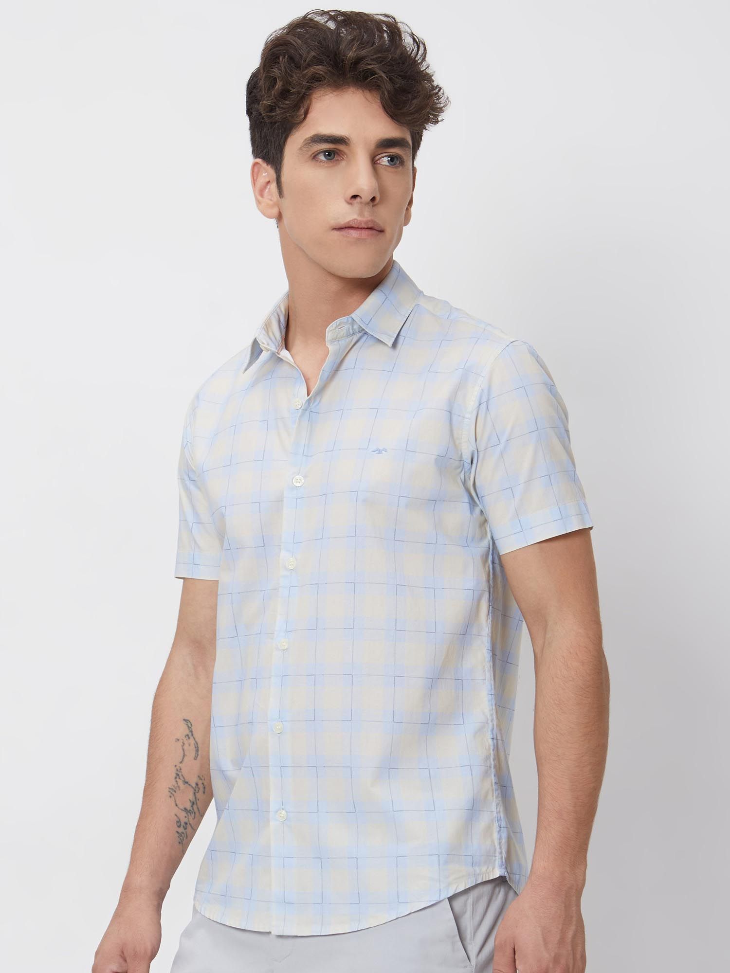 Pale Powder Blue Checks Men Shirt