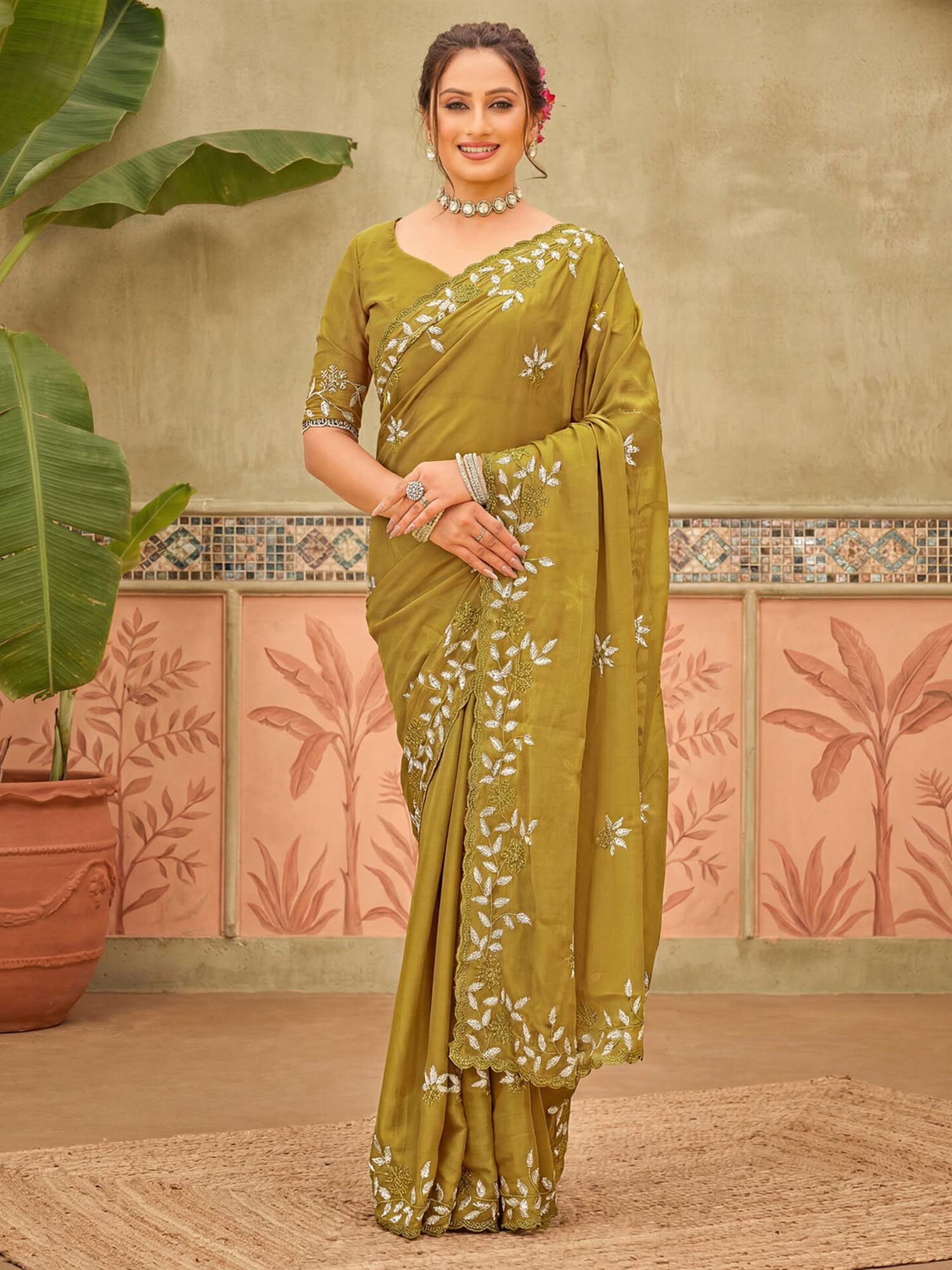 Mustard Embroidered Scalloped Border Georgette Saree with Unstitched Blouse