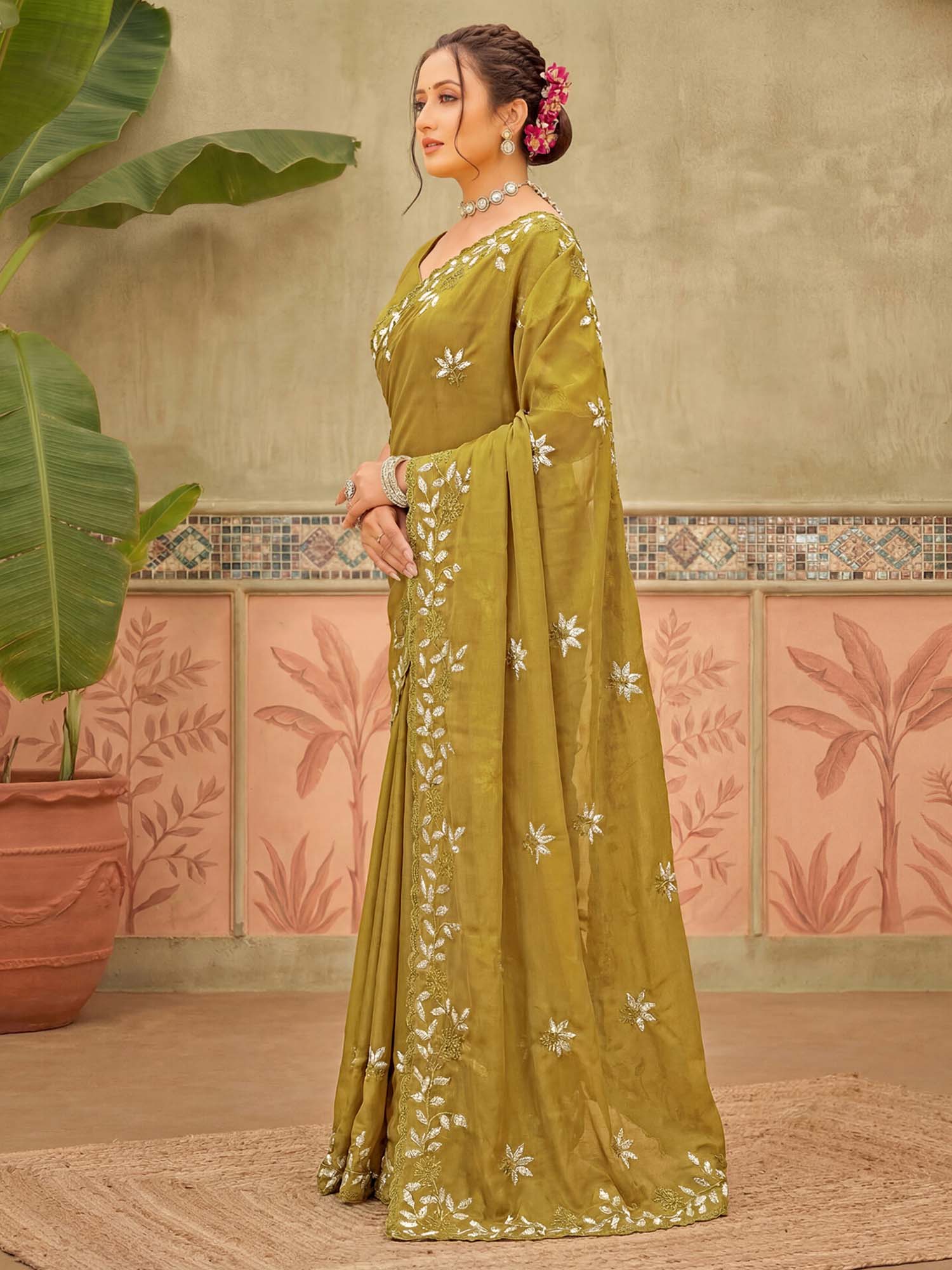 Mustard Embroidered Scalloped Border Georgette Saree with Unstitched Blouse