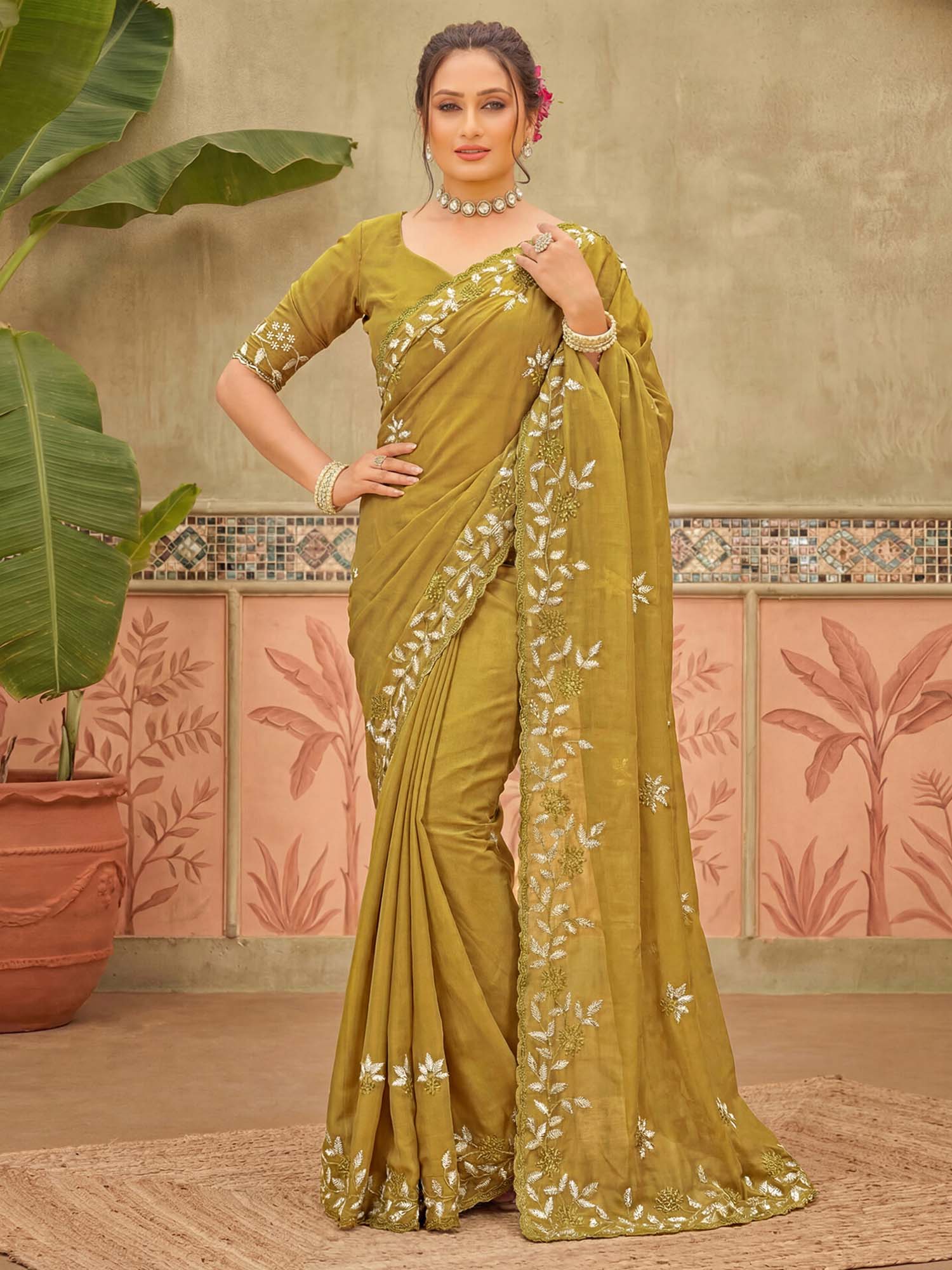 Mustard Embroidered Scalloped Border Georgette Saree with Unstitched Blouse
