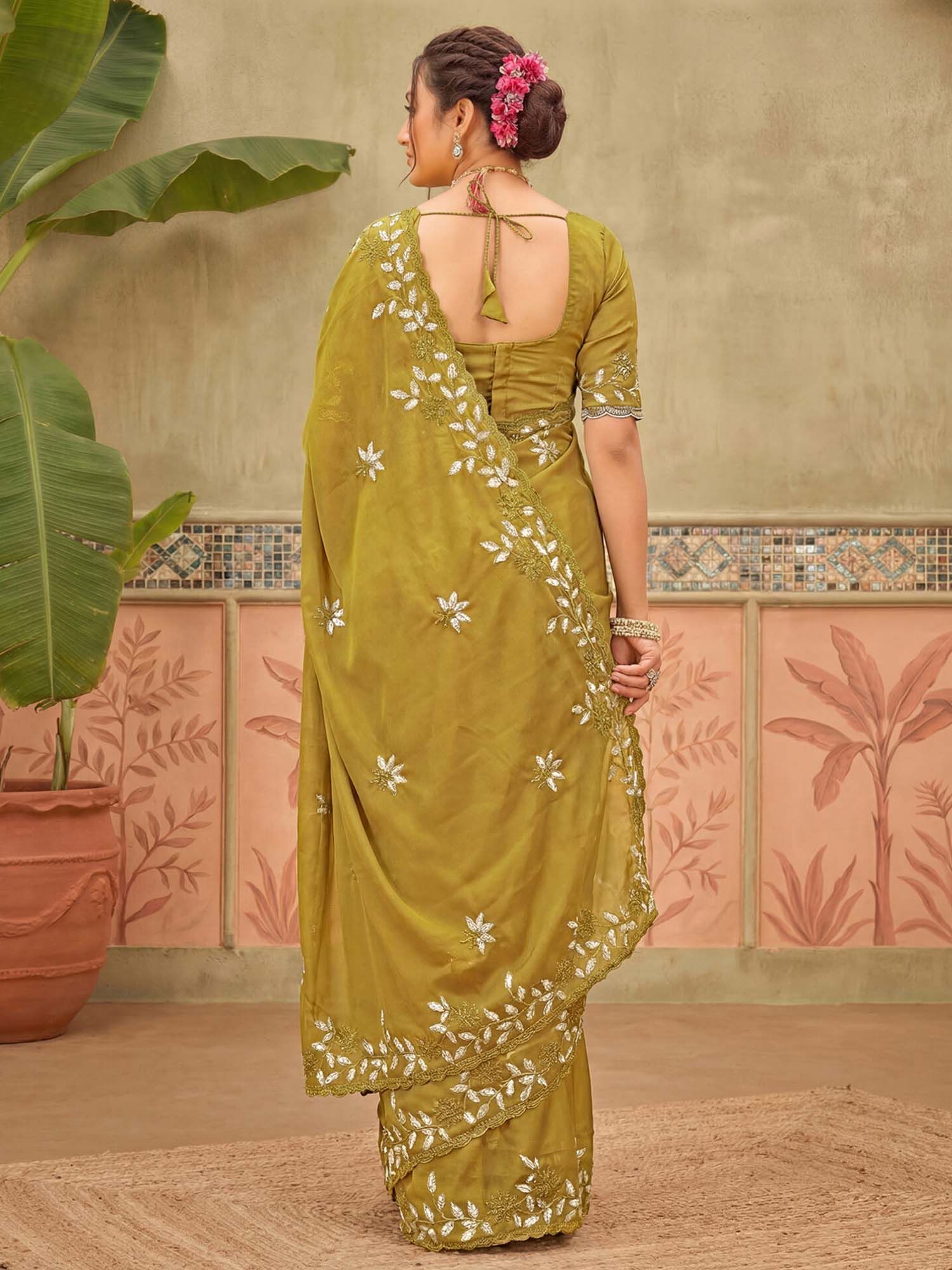 Mustard Embroidered Scalloped Border Georgette Saree with Unstitched Blouse