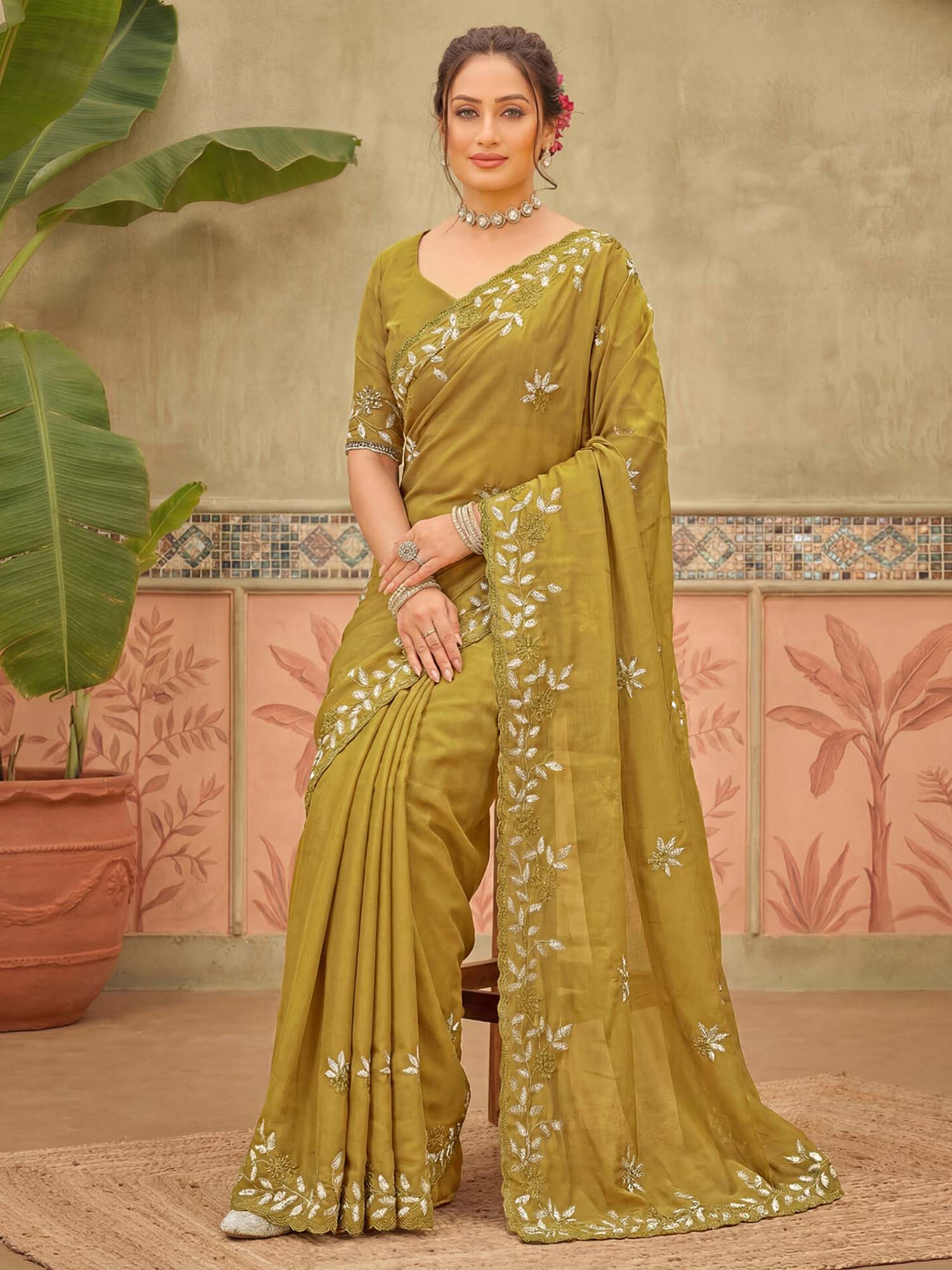 Mustard Embroidered Scalloped Border Georgette Saree with Unstitched Blouse