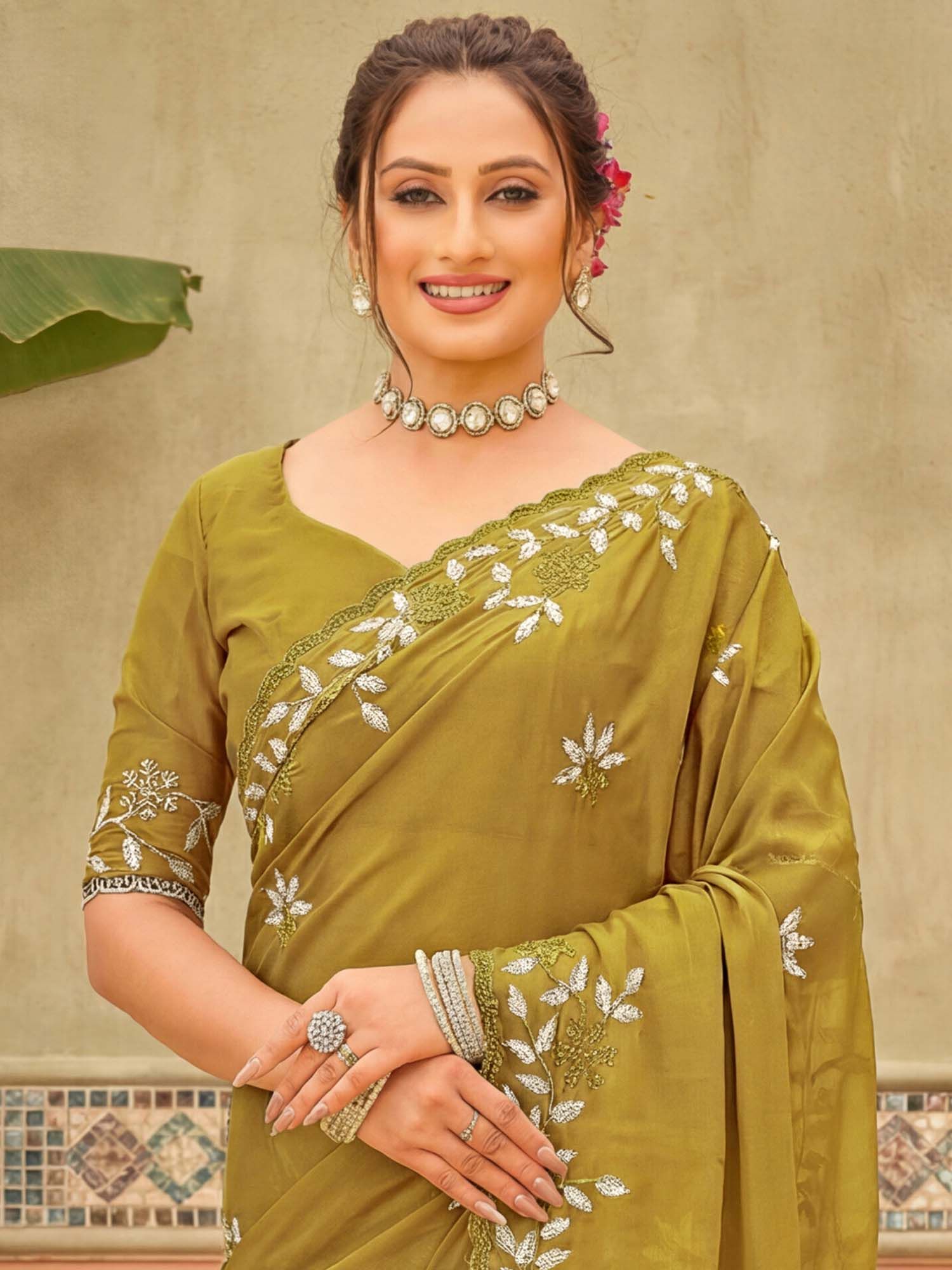 Mustard Embroidered Scalloped Border Georgette Saree with Unstitched Blouse