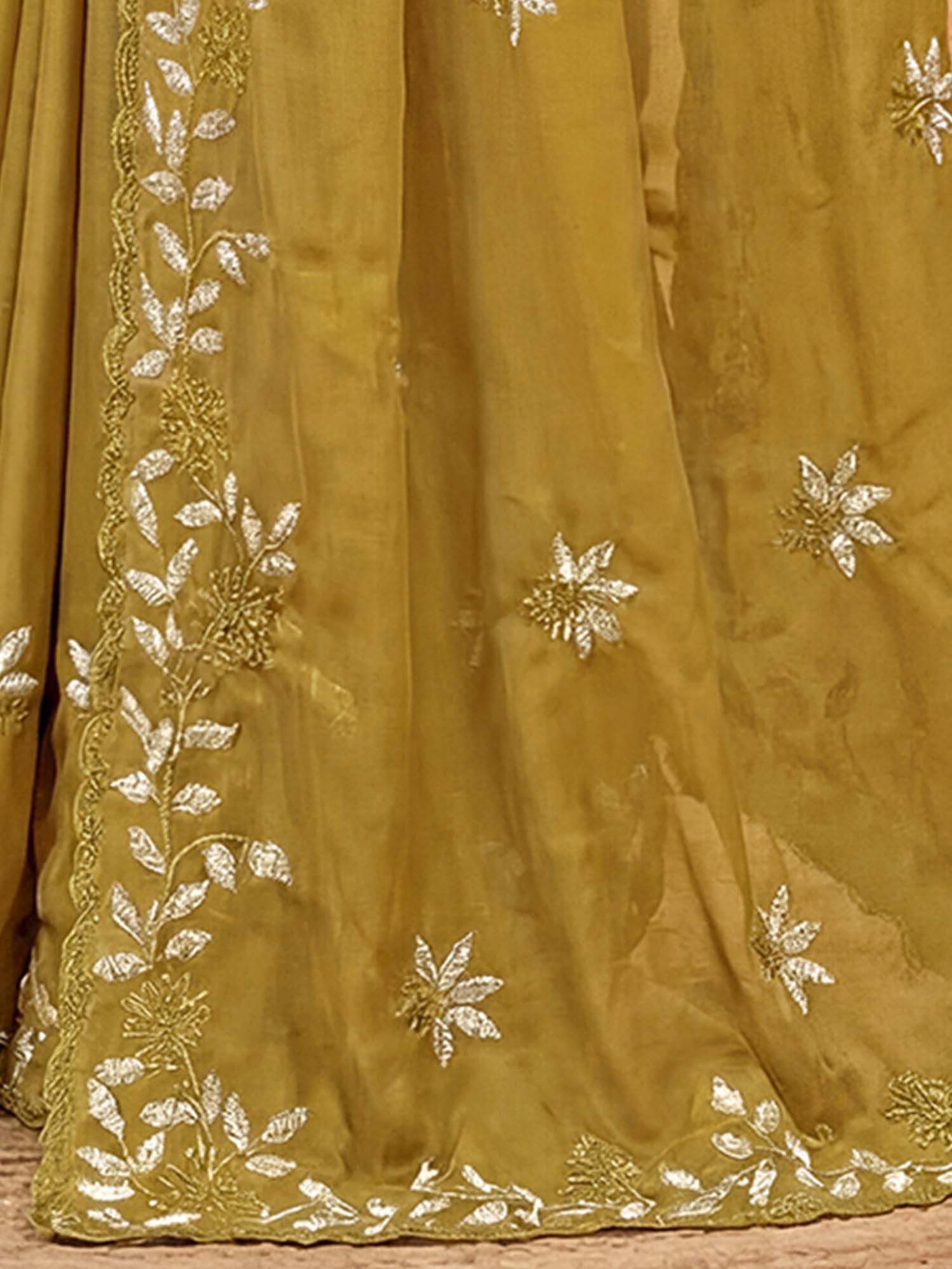 Mustard Embroidered Scalloped Border Georgette Saree with Unstitched Blouse