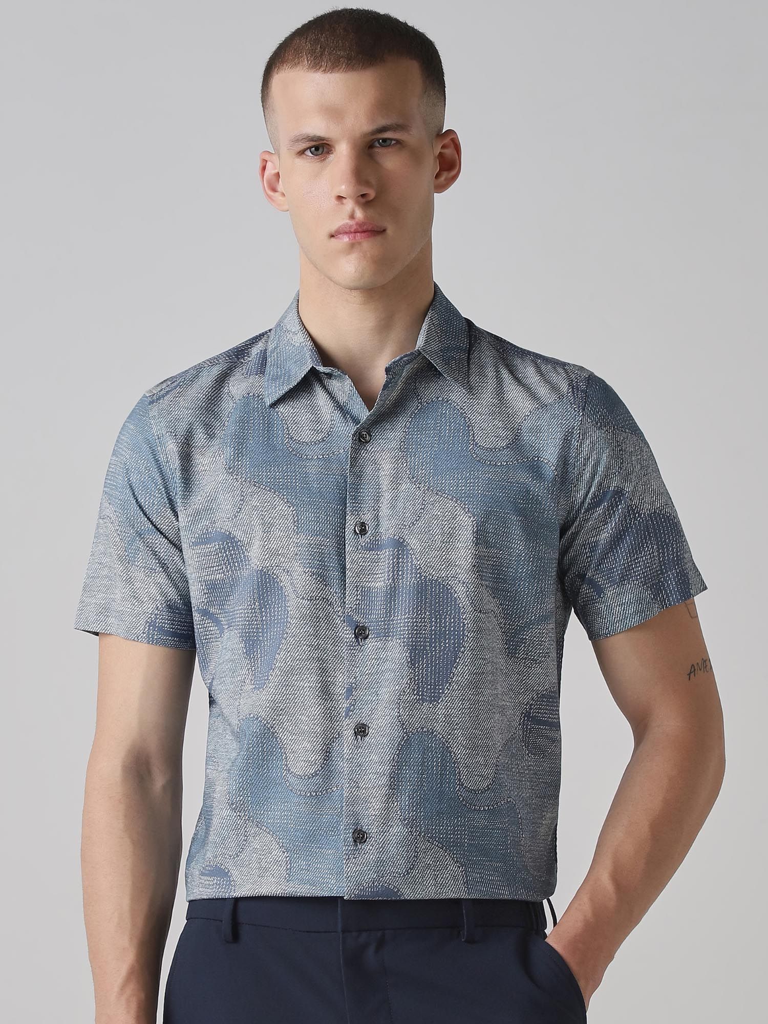 Muted Steel Blue Abstract Men Shirt