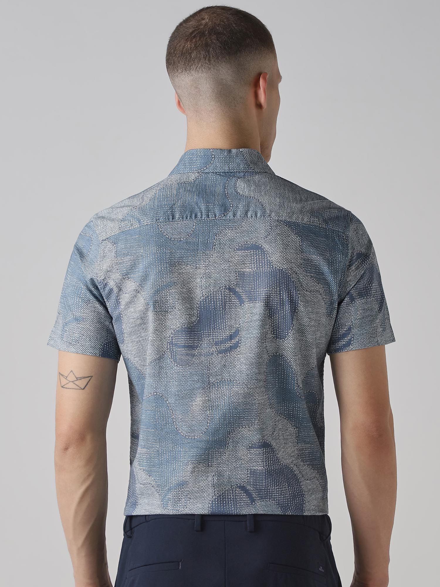 Muted Steel Blue Abstract Men Shirt