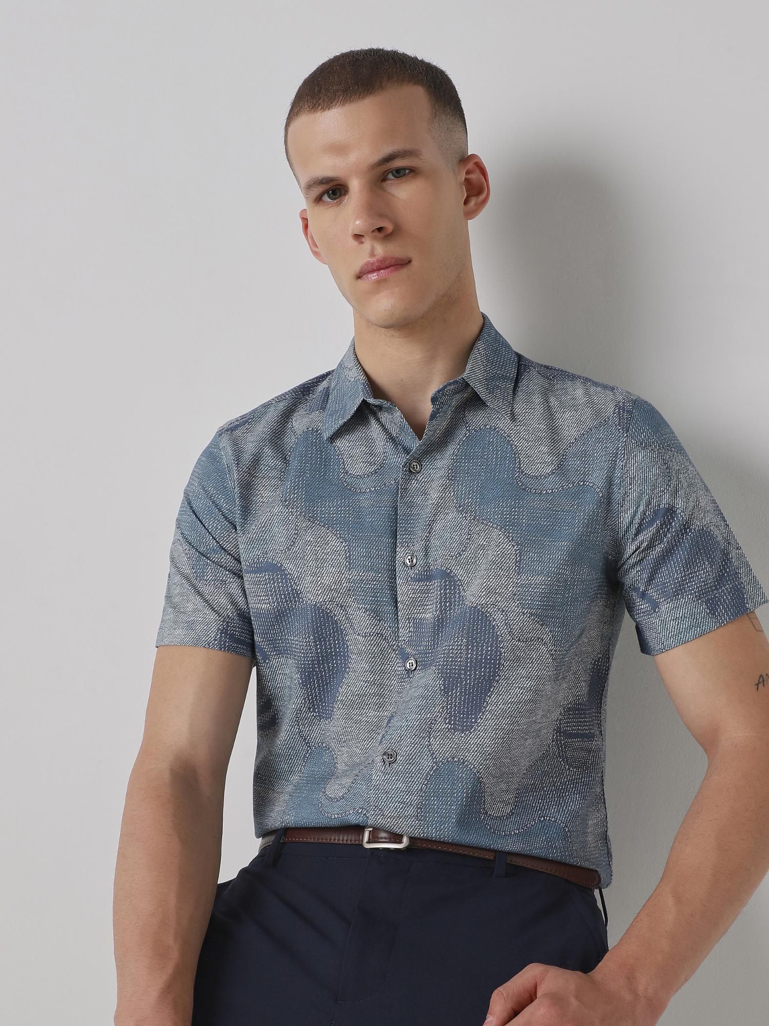 Muted Steel Blue Abstract Men Shirt