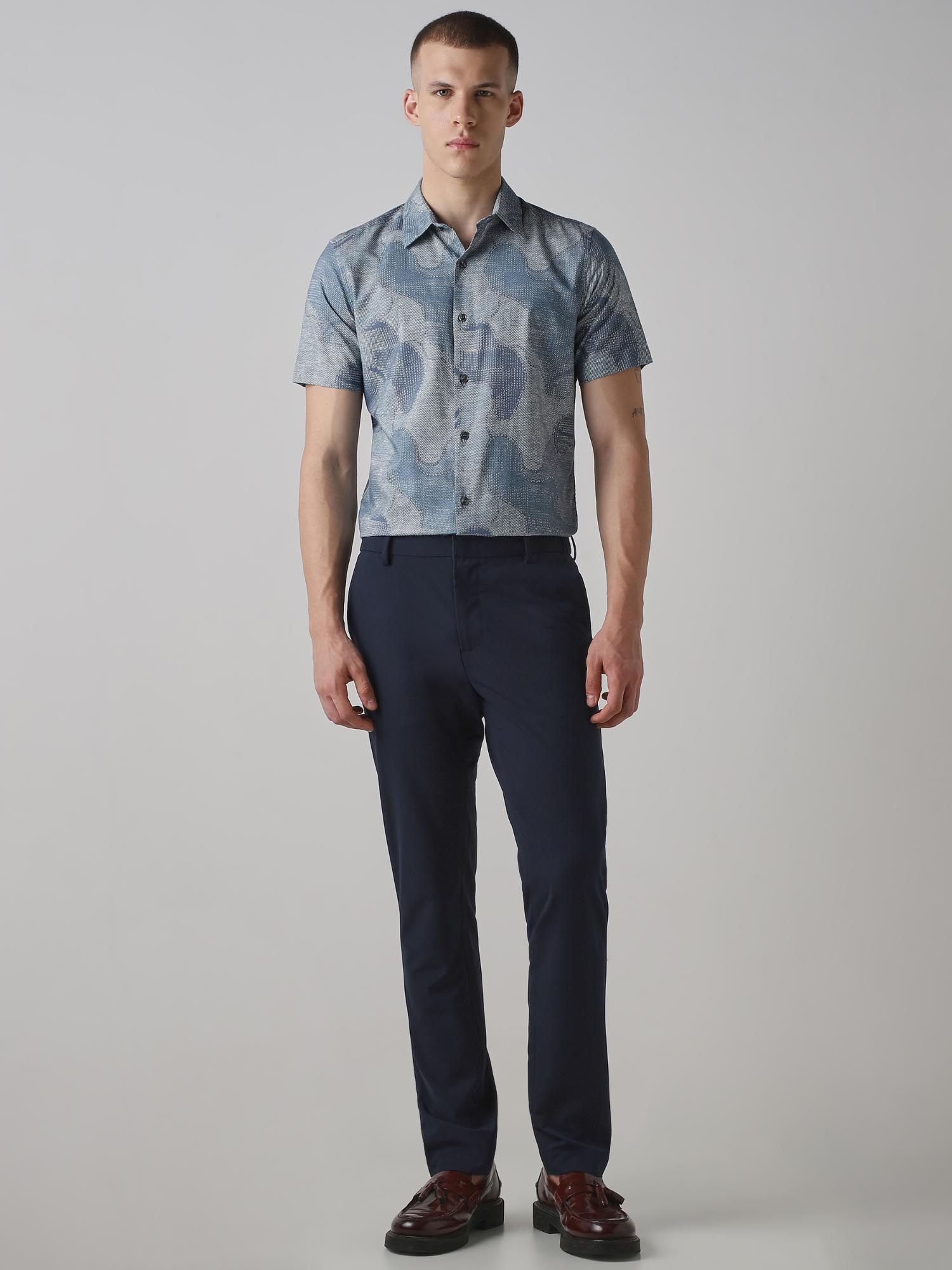 Muted Steel Blue Abstract Men Shirt