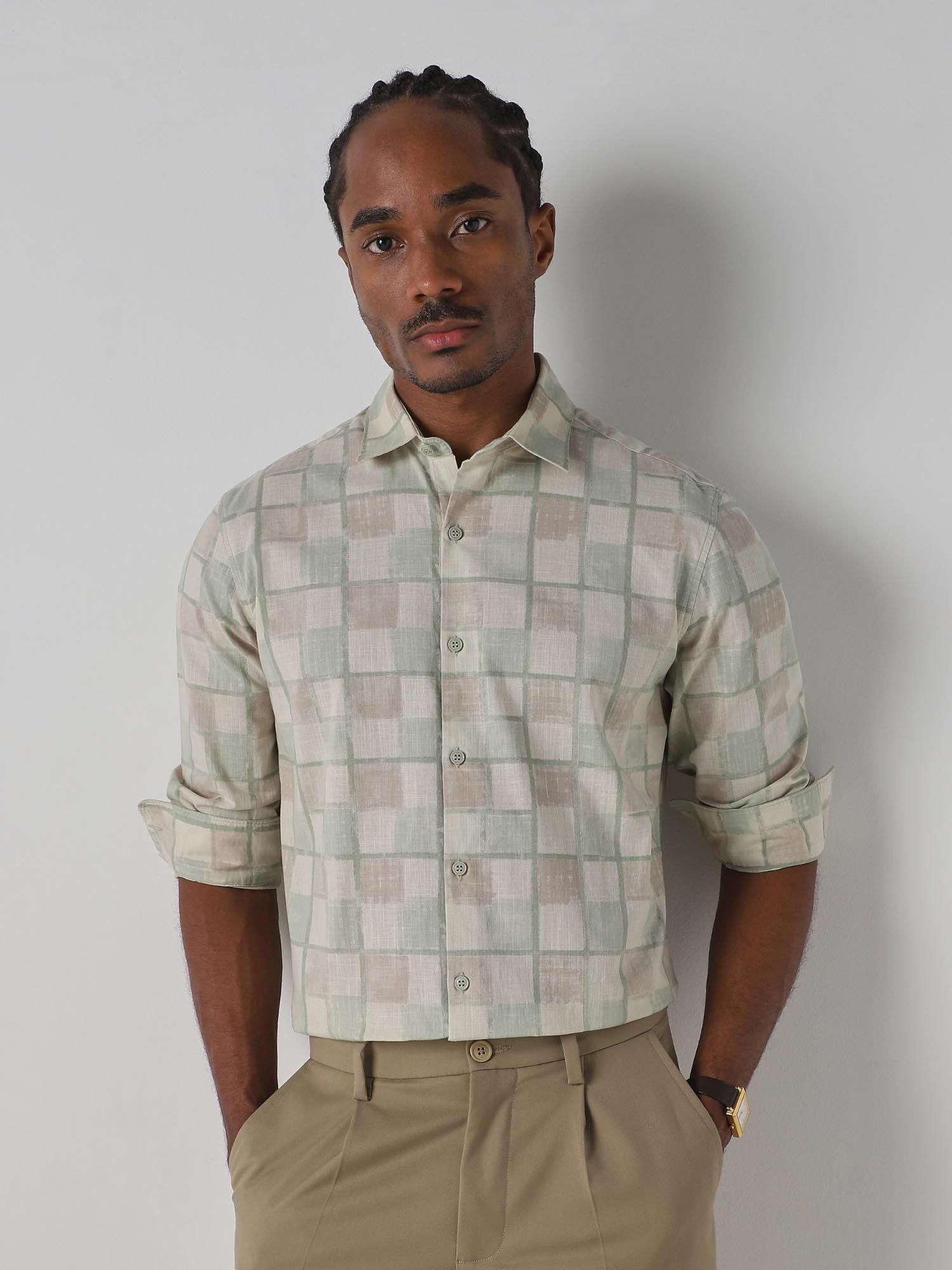 Light Green Checks Men Shirt