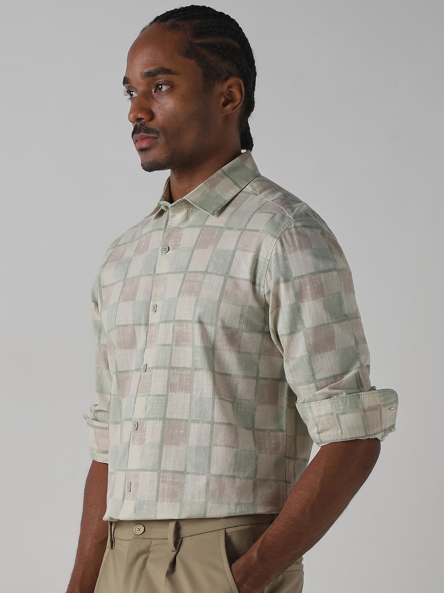 Light Green Checks Men Shirt