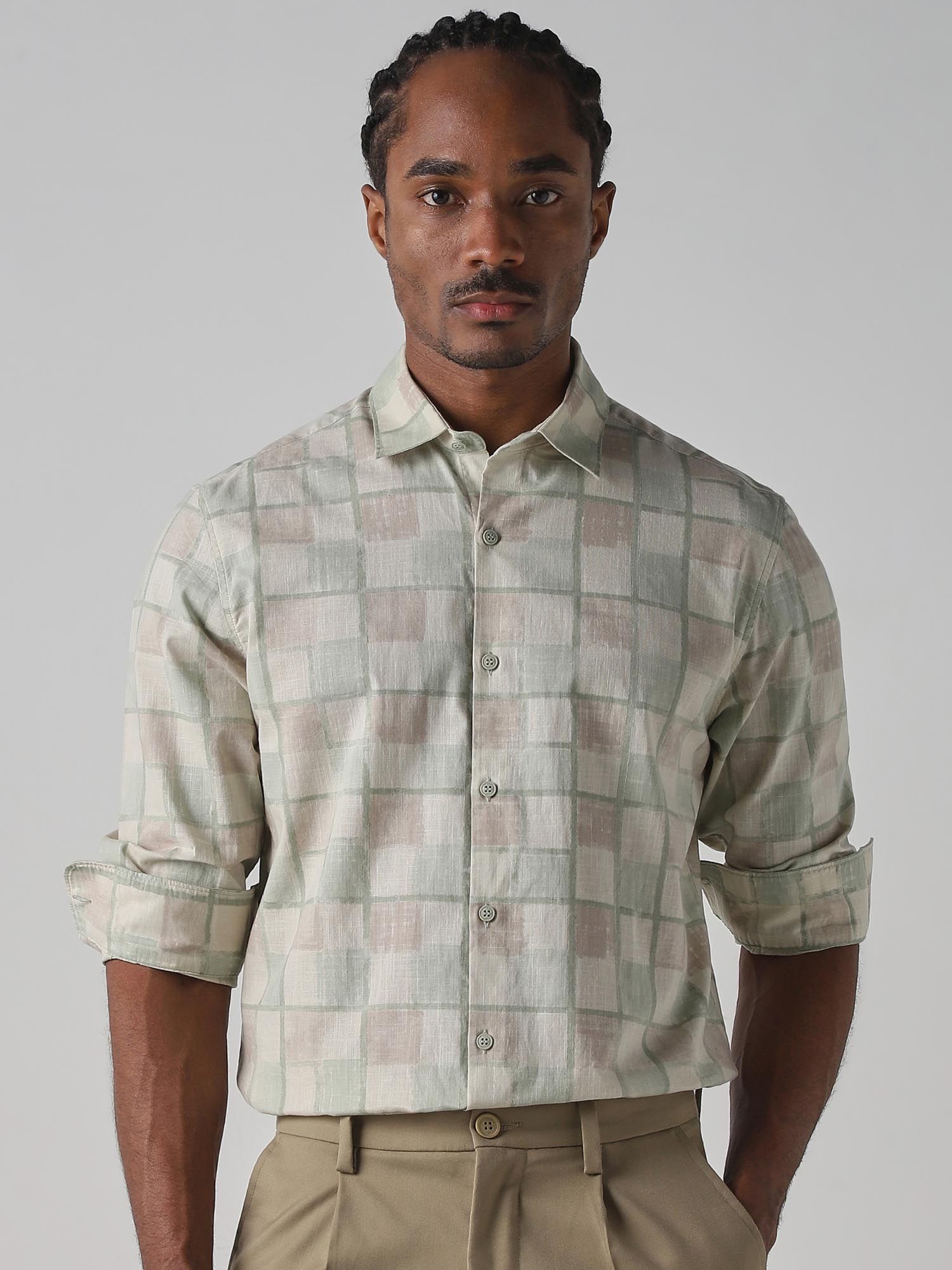 Light Green Checks Men Shirt