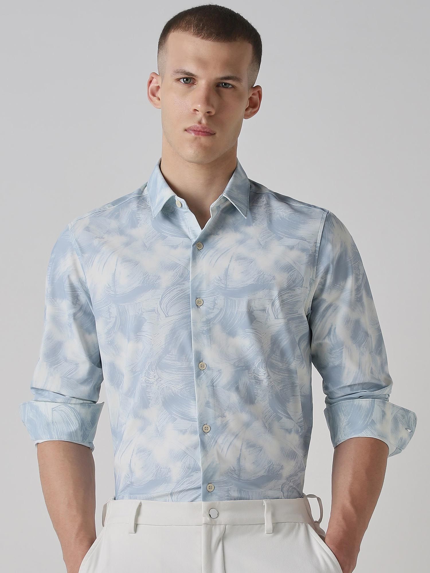Iced Light Blue Abstract Men Shirt
