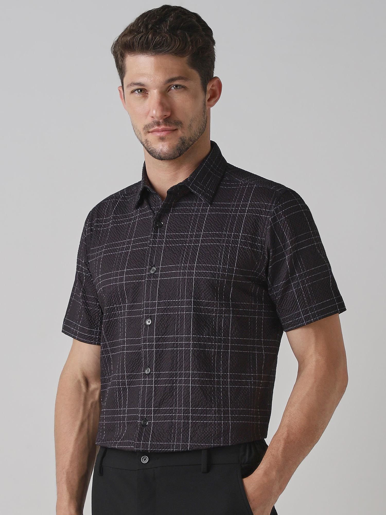 Dark Charcoal Black Checks Men Shirt