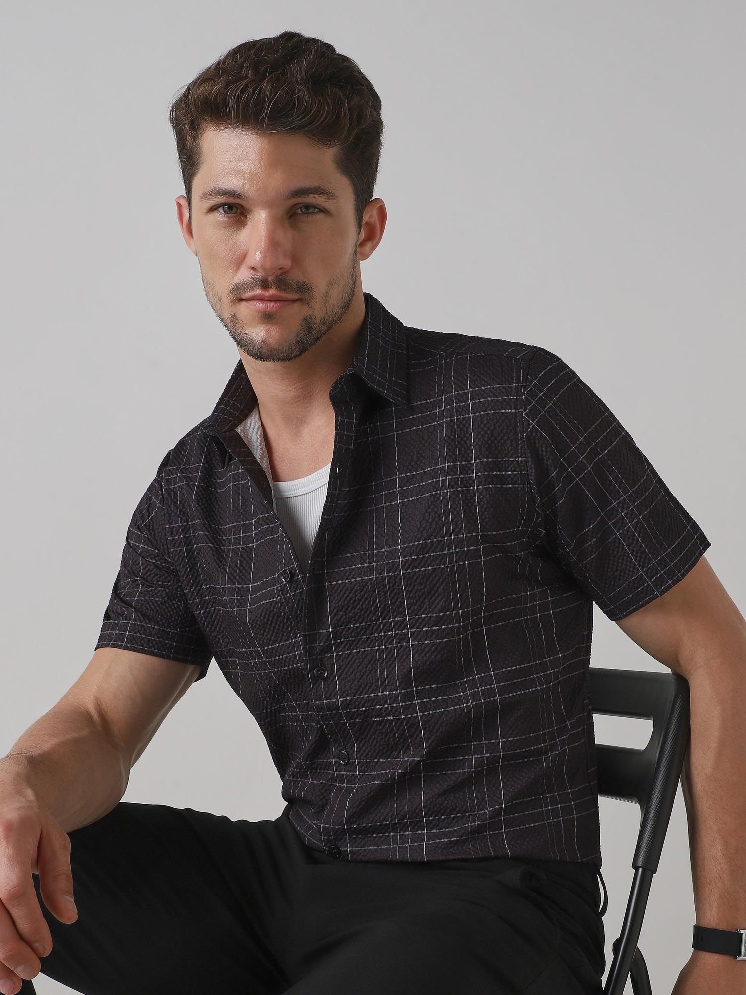 Dark Charcoal Black Checks Men Shirt