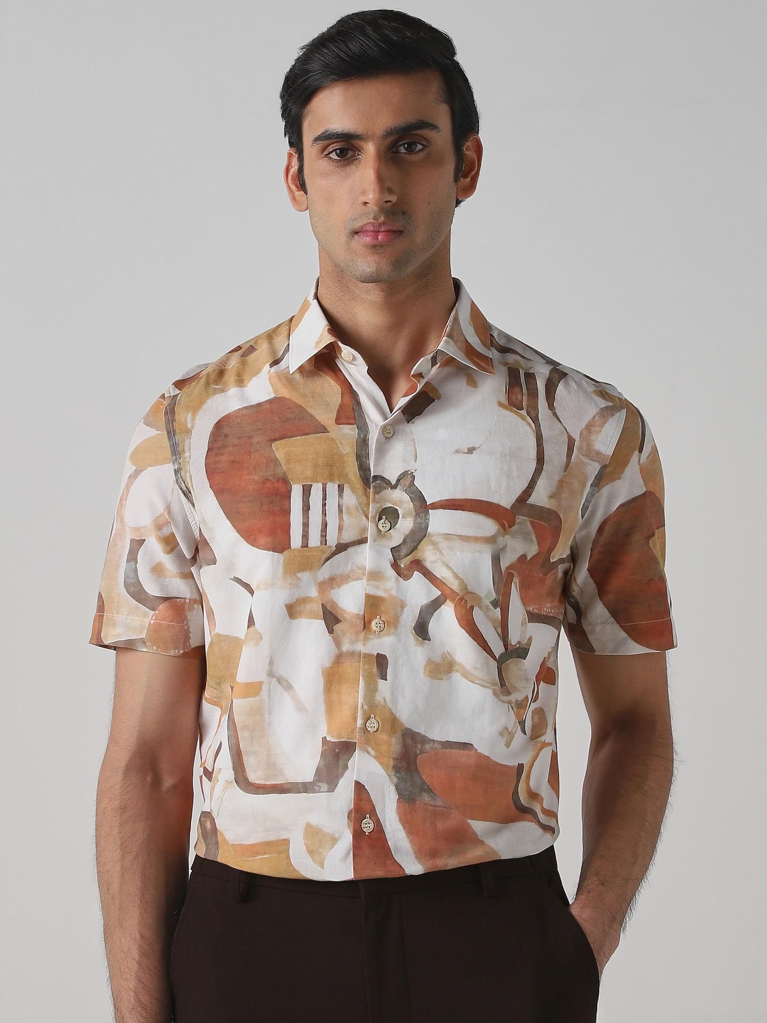 Muted Terracotta Brown Abstract Men Shirt