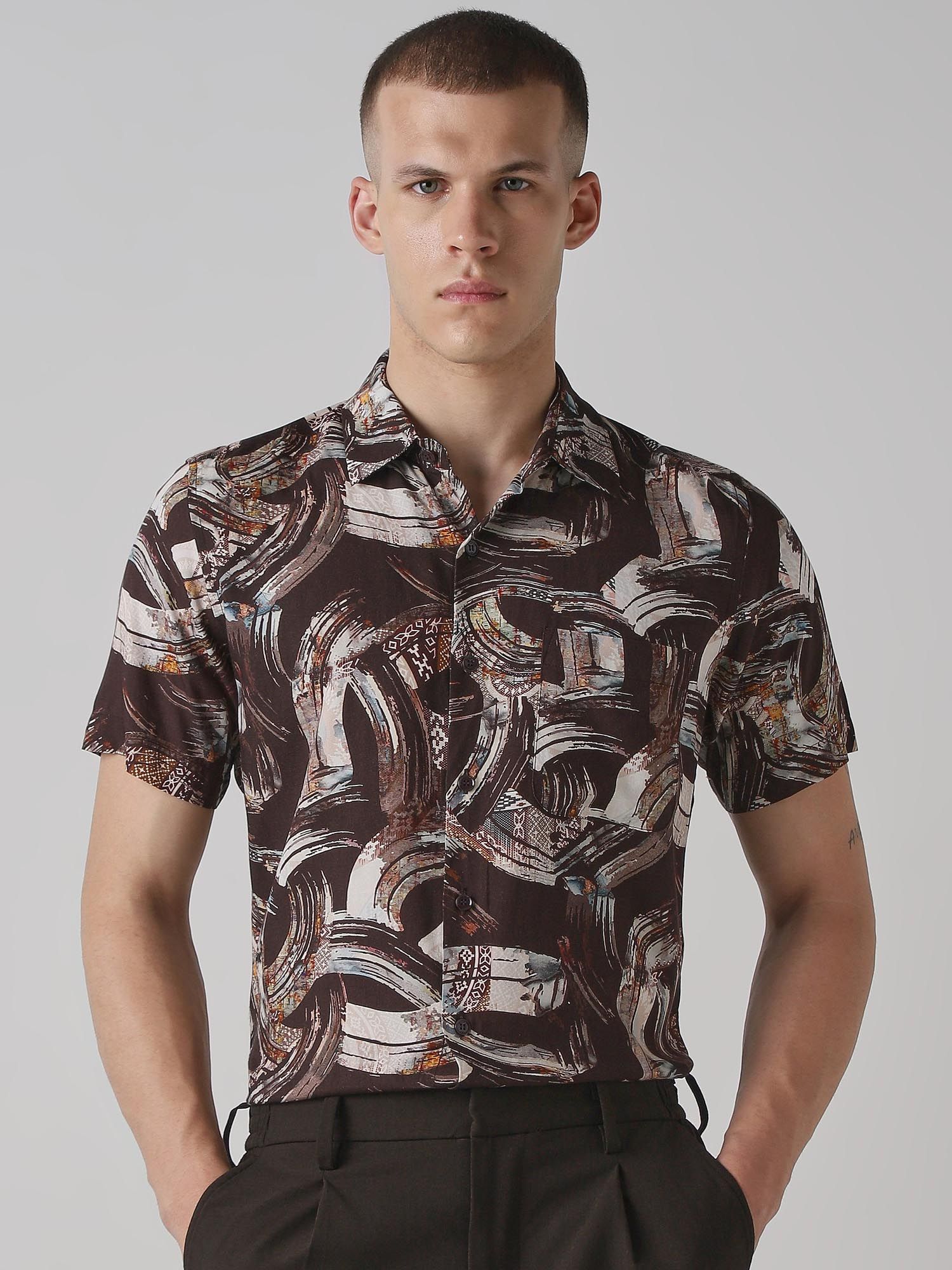 Dark Brown Abstract Men Shirt