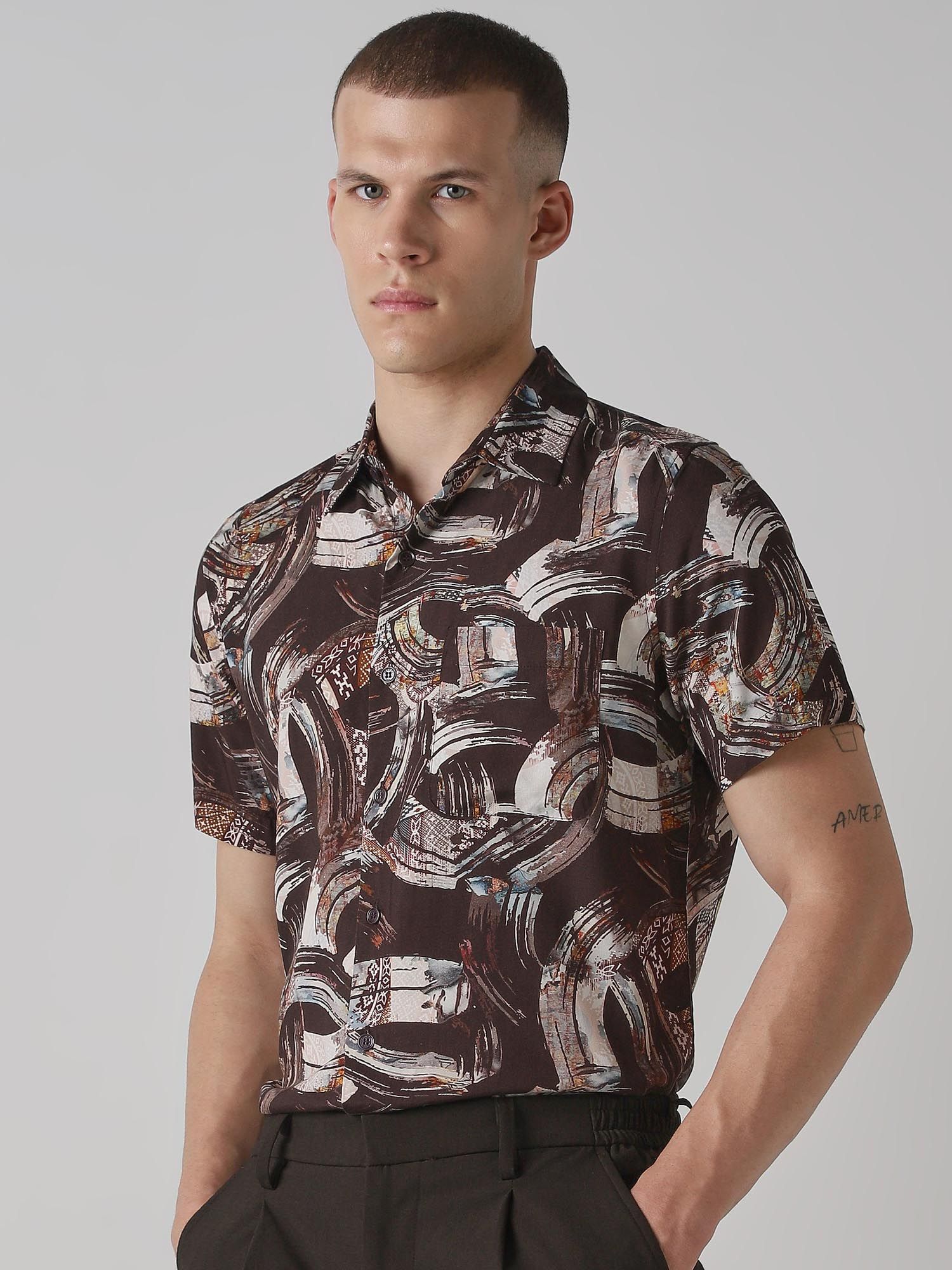 Dark Brown Abstract Men Shirt