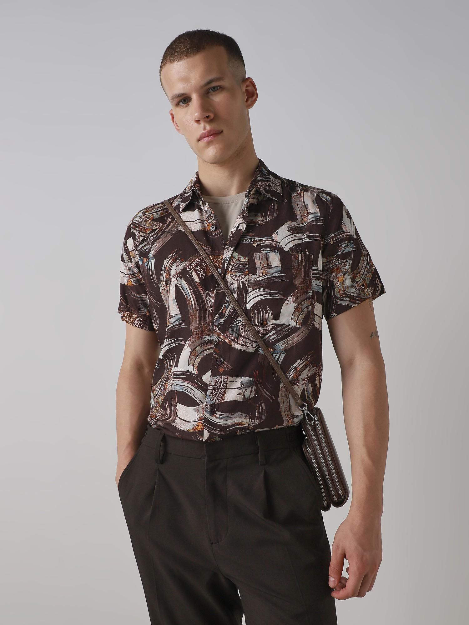 Dark Brown Abstract Men Shirt