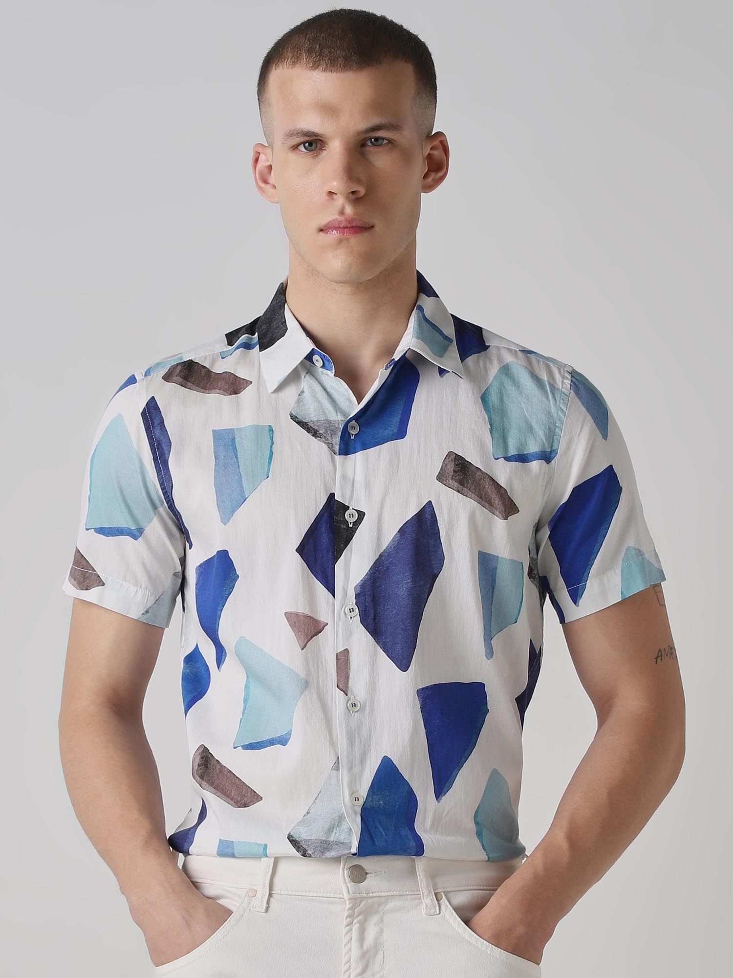 White Geometric Men Shirt