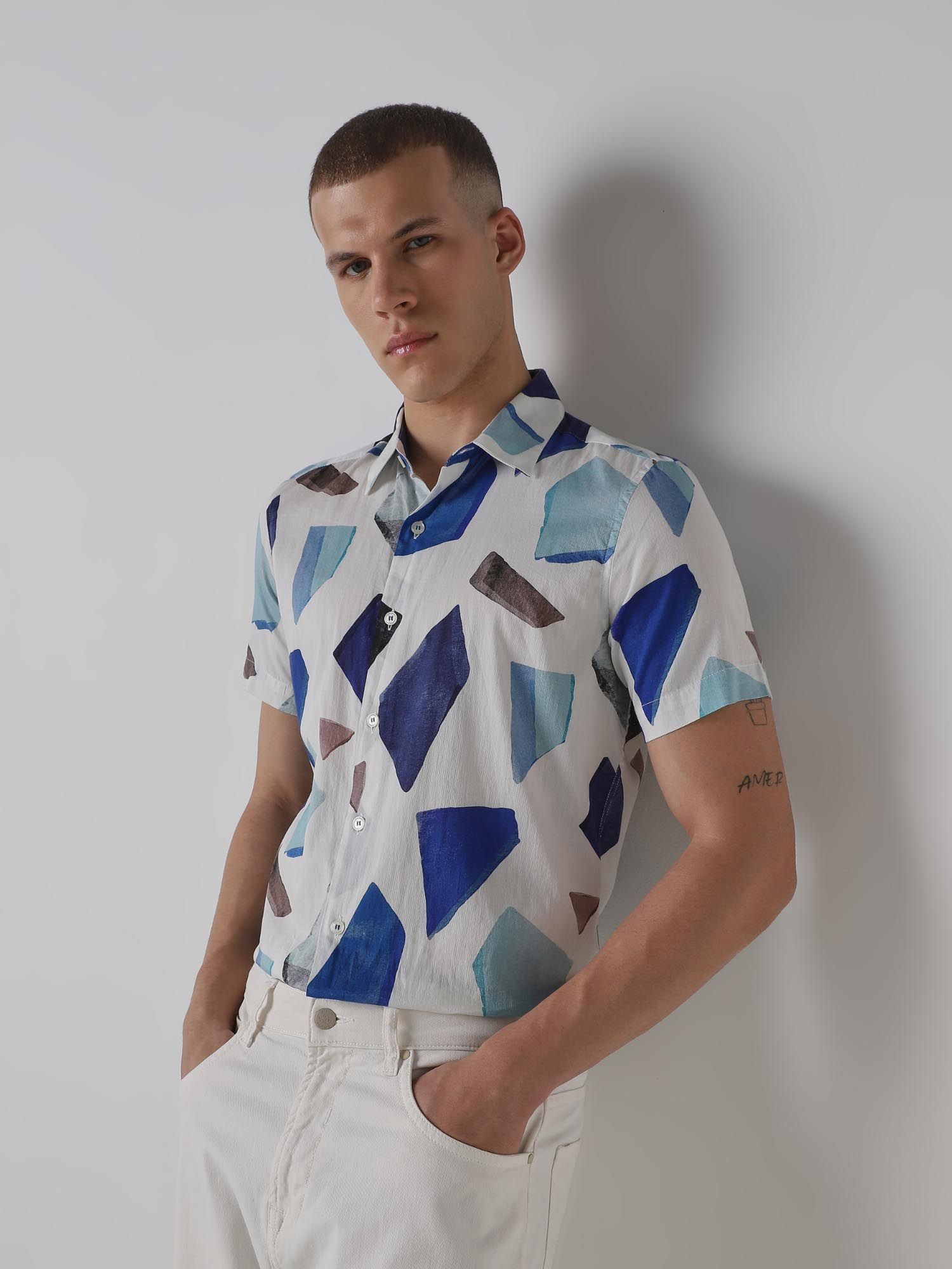 White Geometric Men Shirt