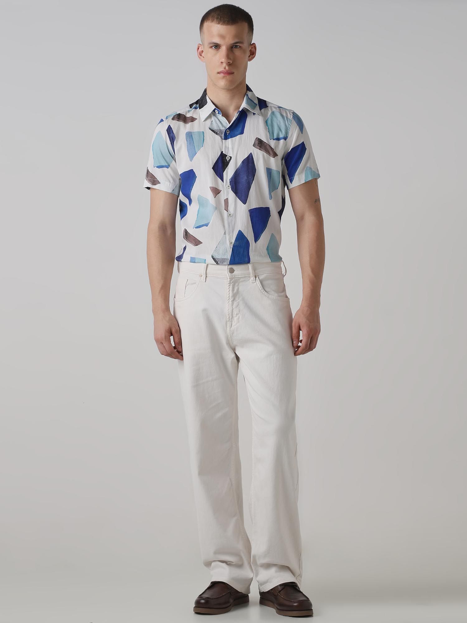 White Geometric Men Shirt