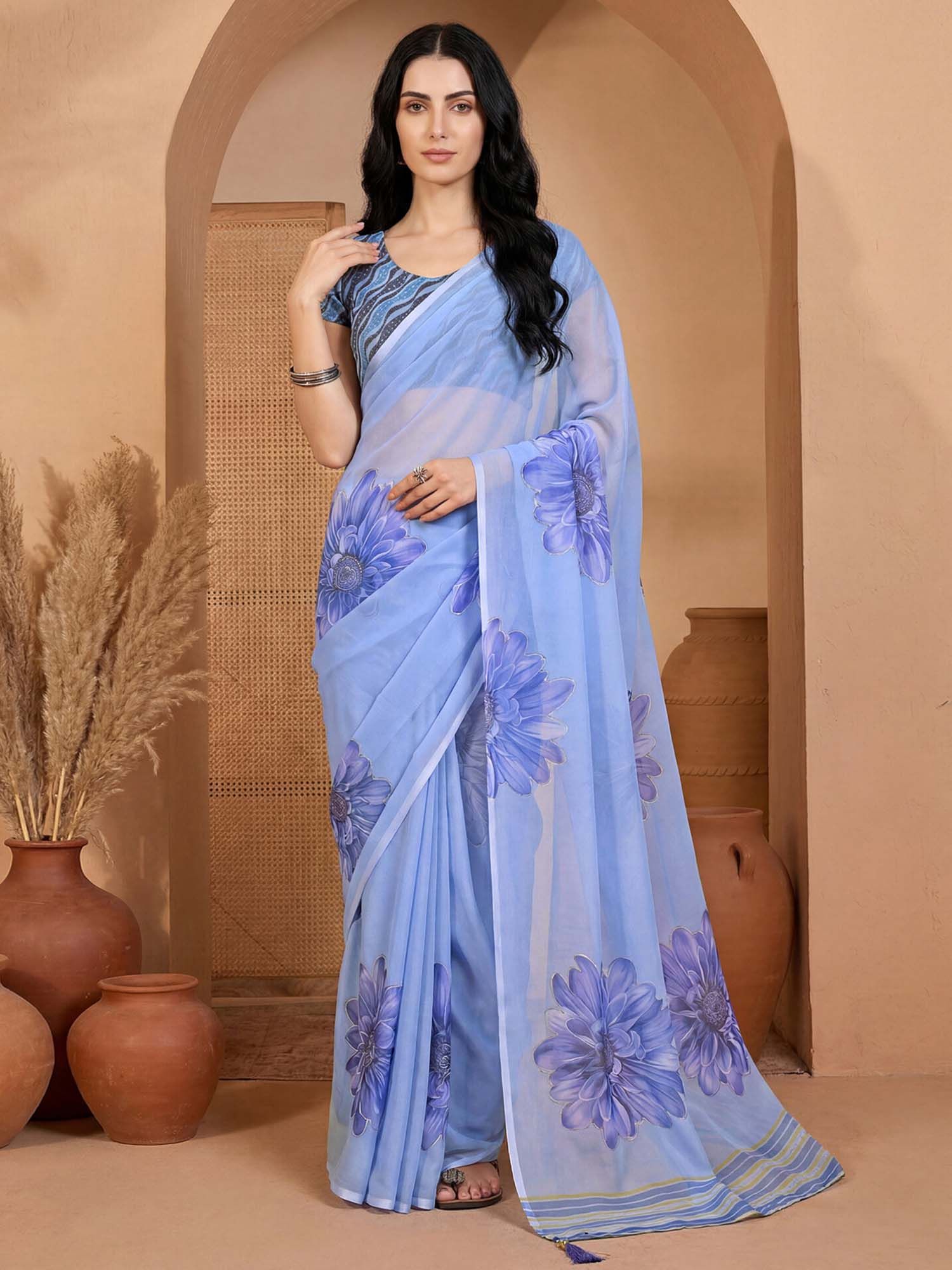 Blue Floral Printed Georgette Saree with Unstitched Blouse