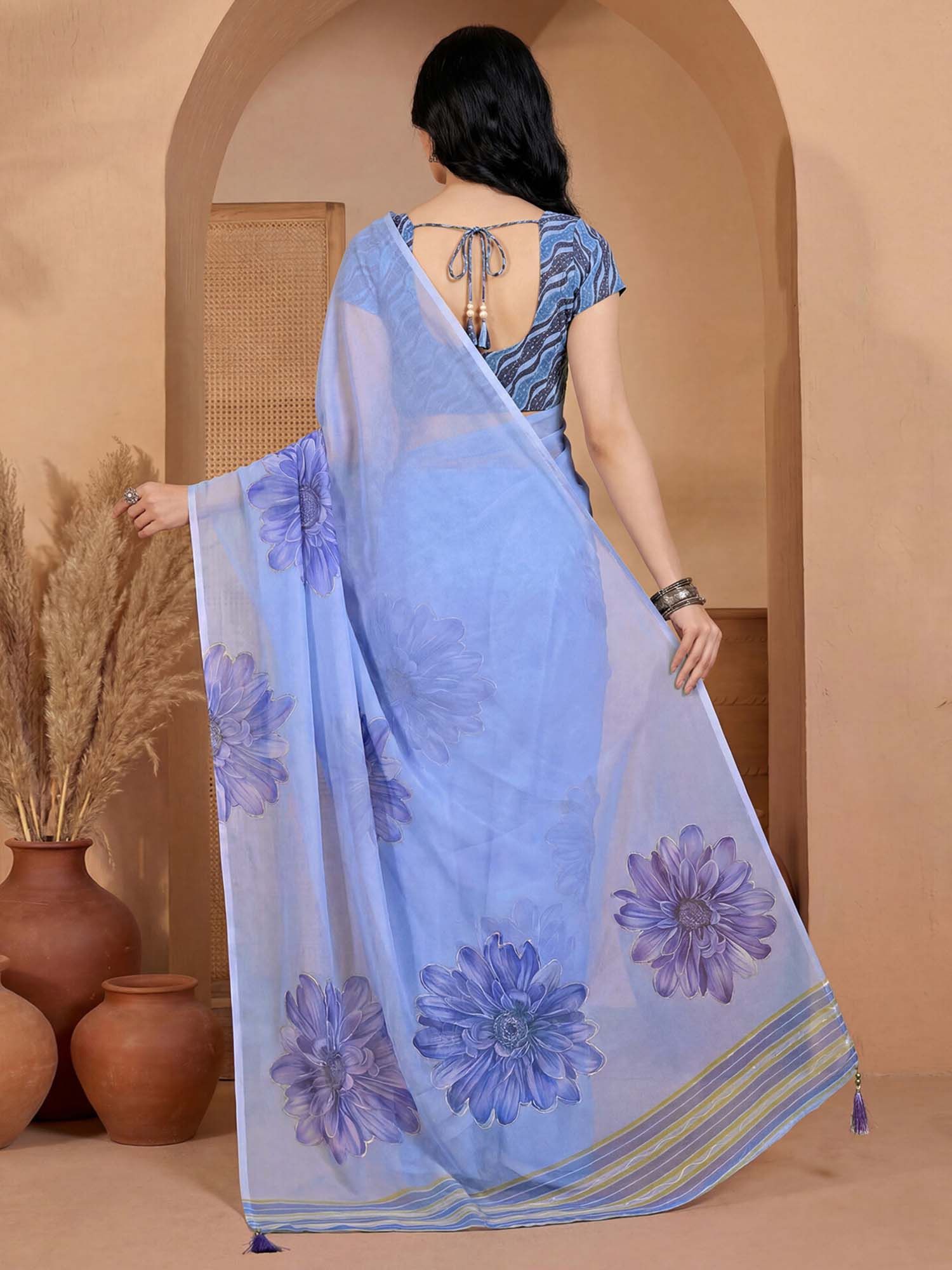 Blue Floral Printed Georgette Saree with Unstitched Blouse