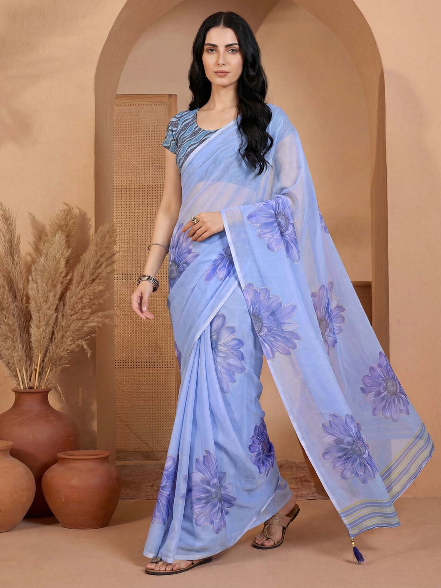 Blue Floral Printed Georgette Saree with Unstitched Blouse
