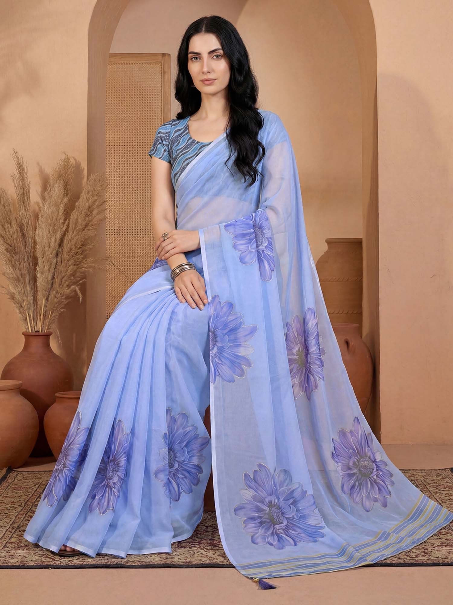 Blue Floral Printed Georgette Saree with Unstitched Blouse