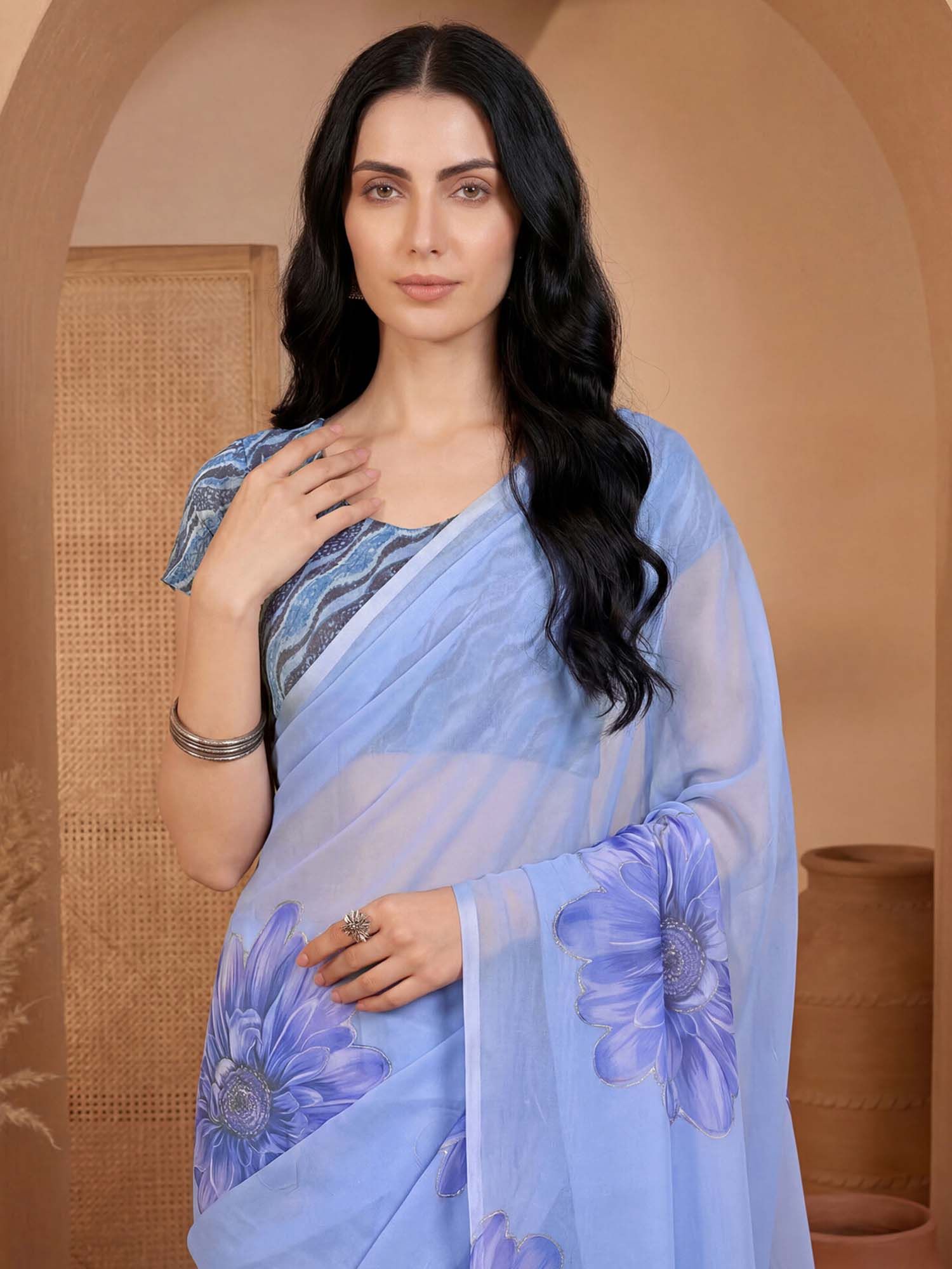 Blue Floral Printed Georgette Saree with Unstitched Blouse