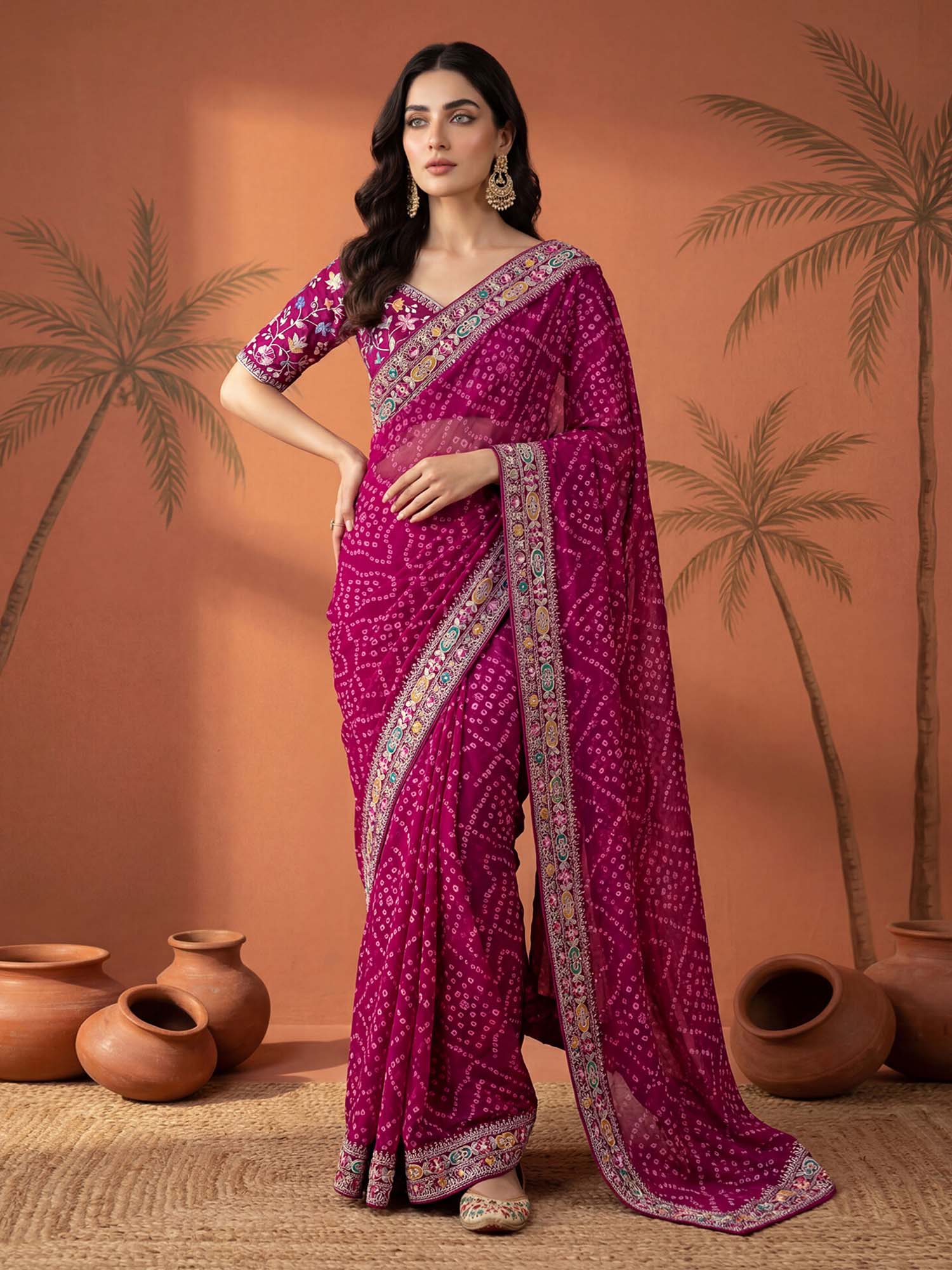 Magenta Bandhani Printed Georgette Saree with Unstitched Blouse