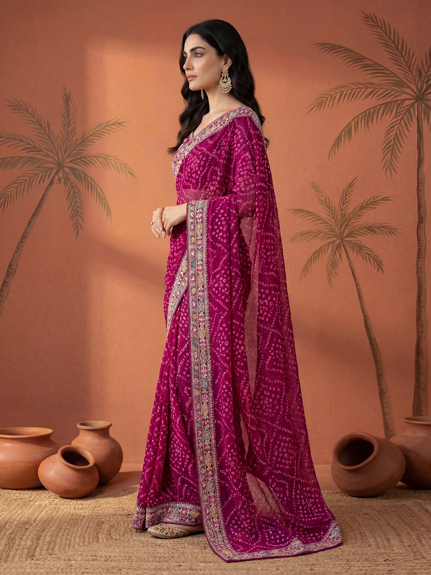 Magenta Bandhani Printed Georgette Saree with Unstitched Blouse