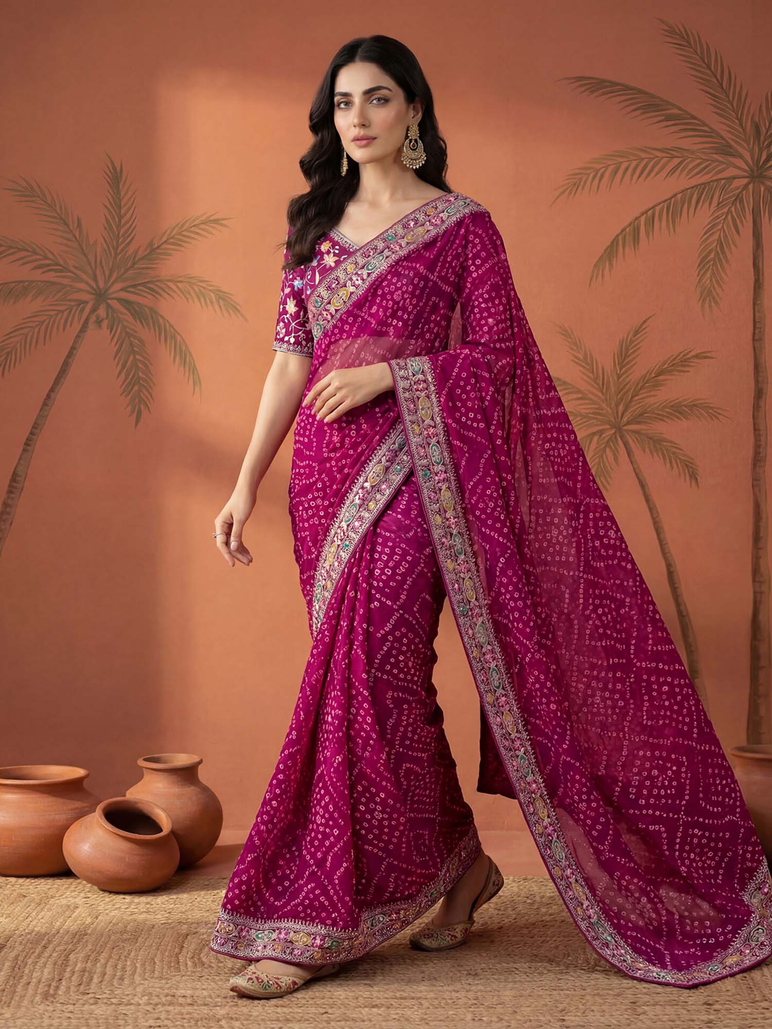 Magenta Bandhani Printed Georgette Saree with Unstitched Blouse